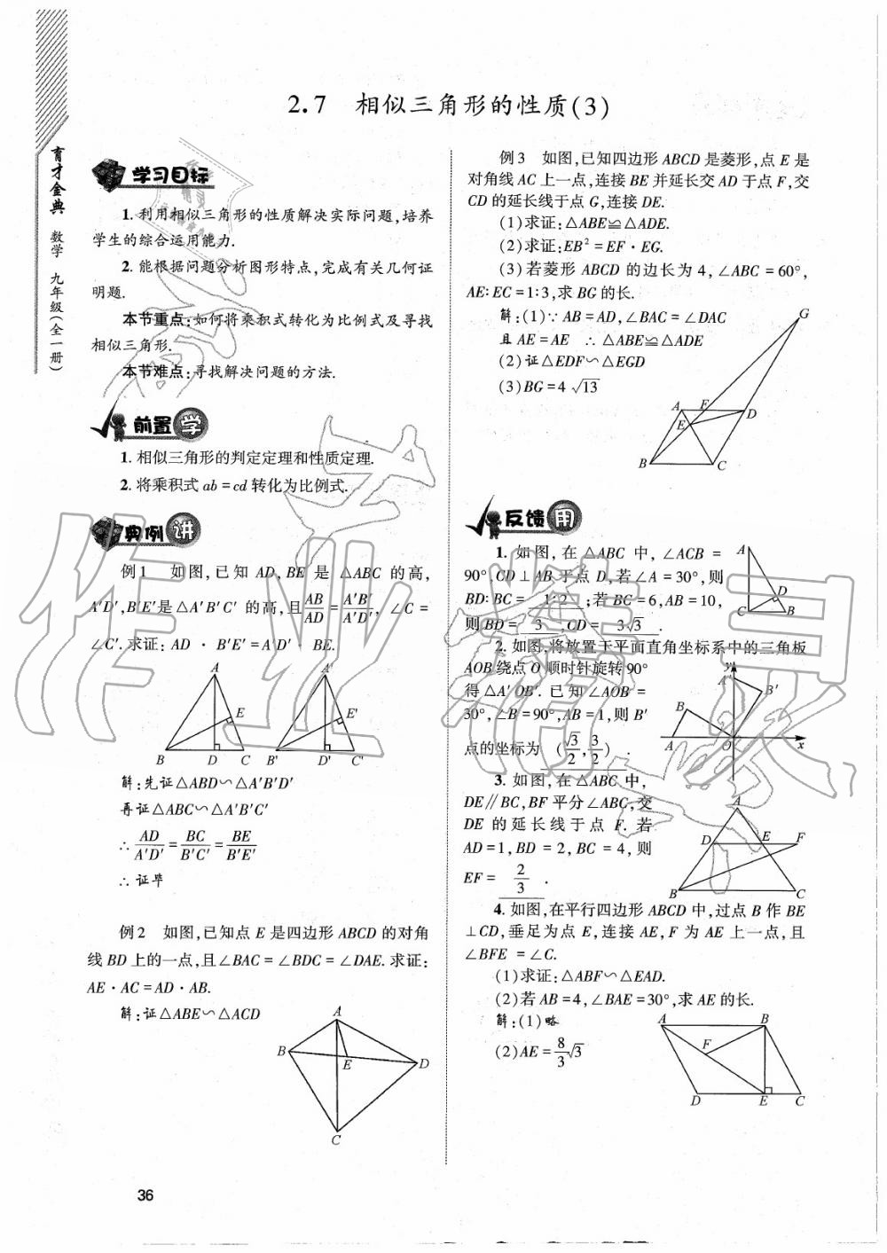 2020年育才金典九年級數(shù)學全一冊北師大版 參考答案第36頁