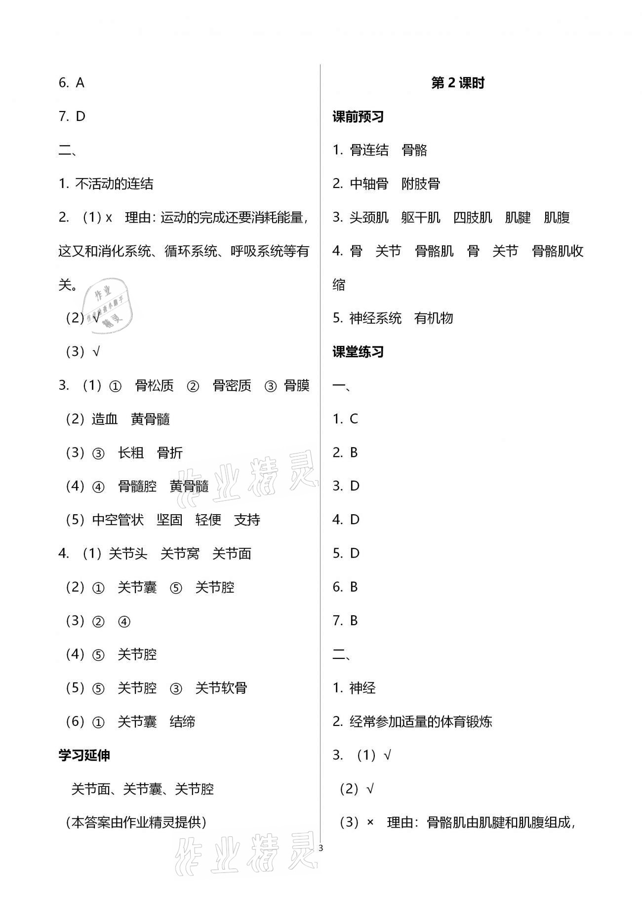 2020年基础训练八年级生物学上册北师大版大象出版社 参考答案第3页