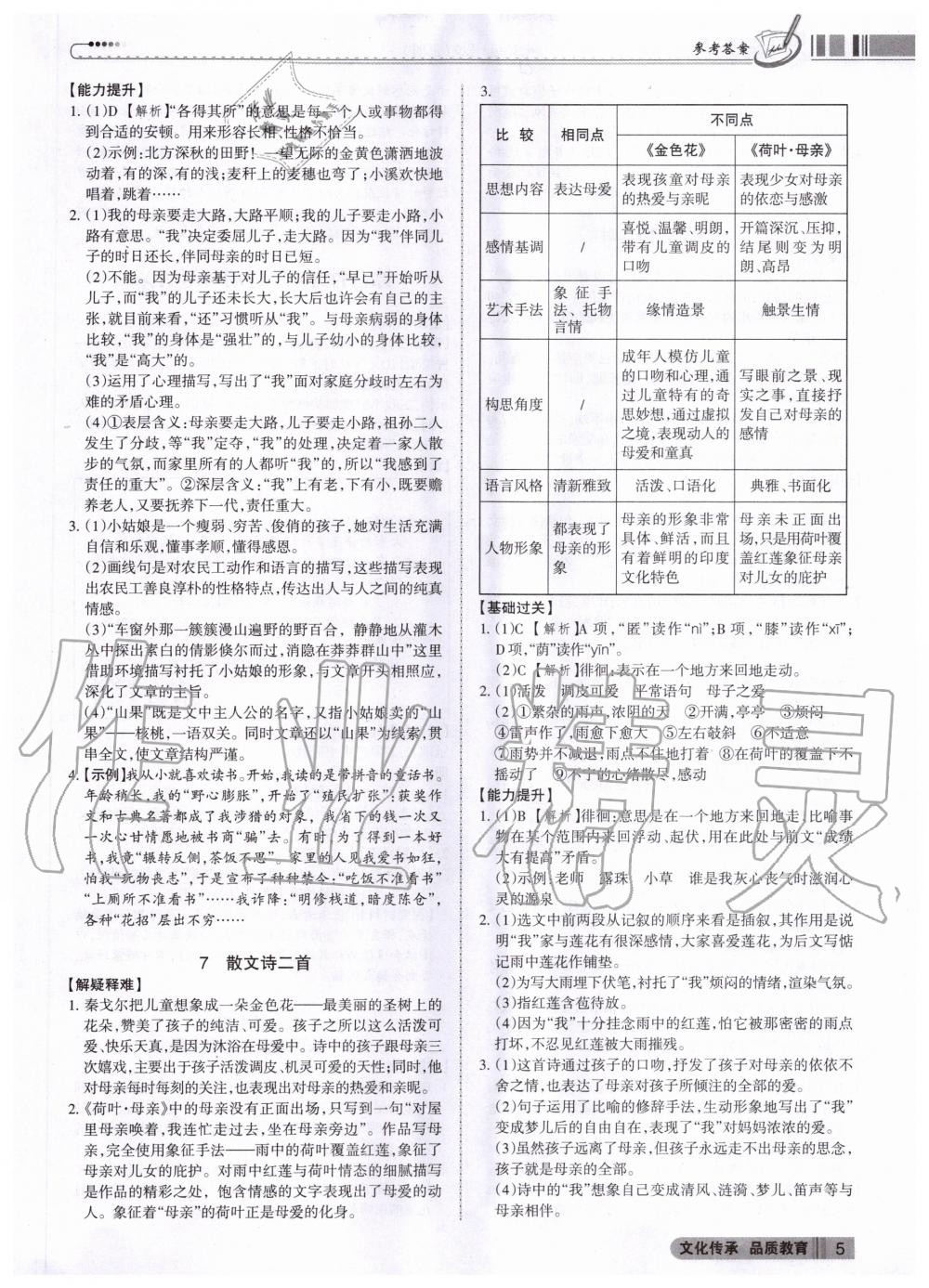 2020年同步沖刺七年級語文上冊人教版 參考答案第5頁