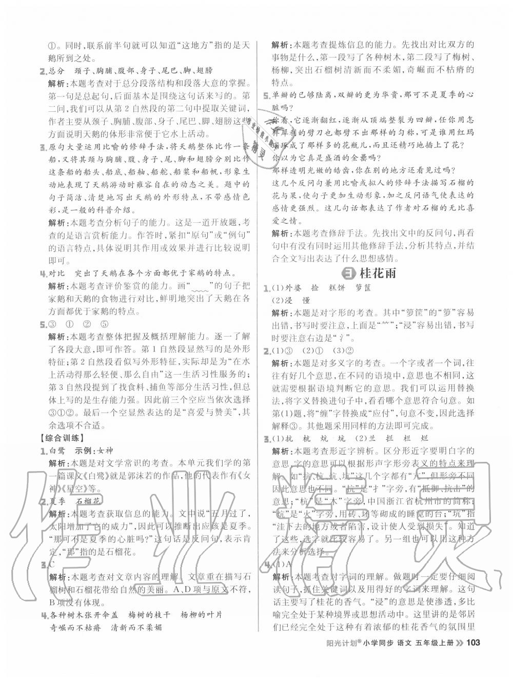 2020年陽光計(jì)劃小學(xué)同步五年級語文上冊人教版 參考答案第3頁