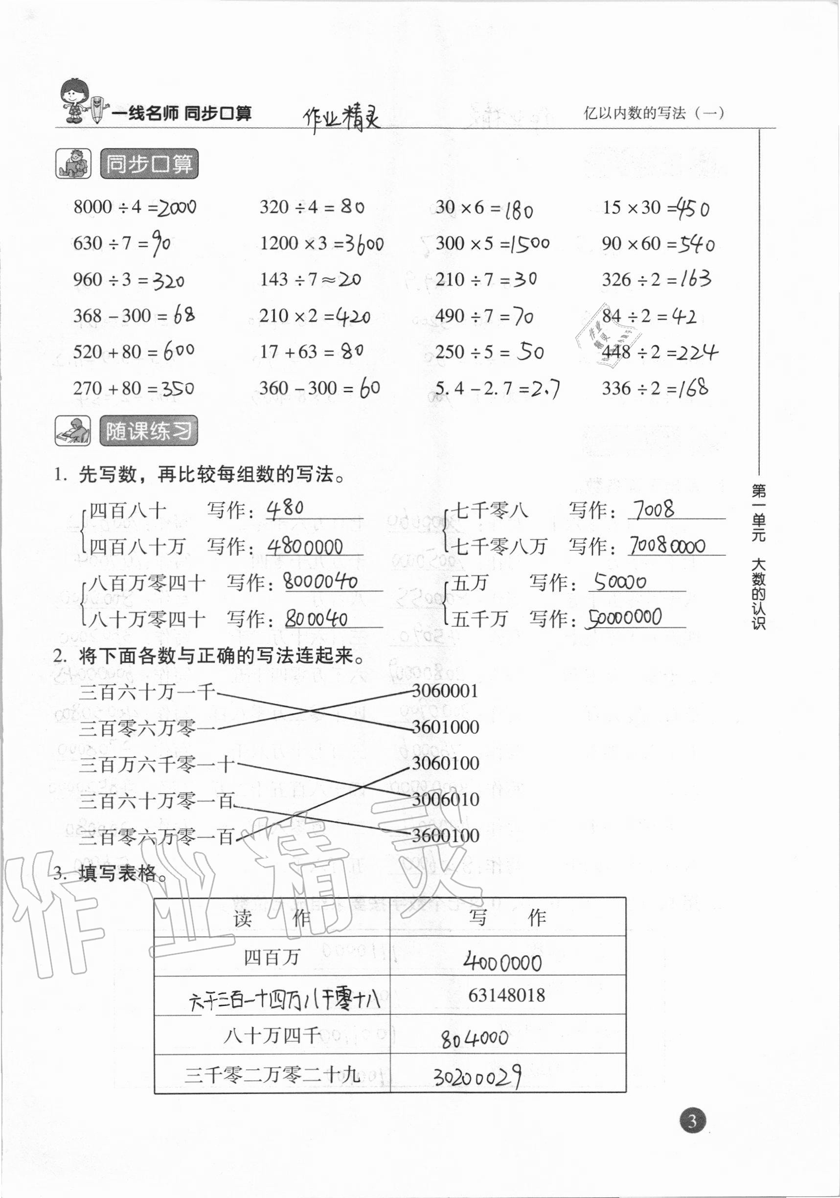 2020年一線名師同步口算四年級數(shù)學上冊人教版 參考答案第3頁