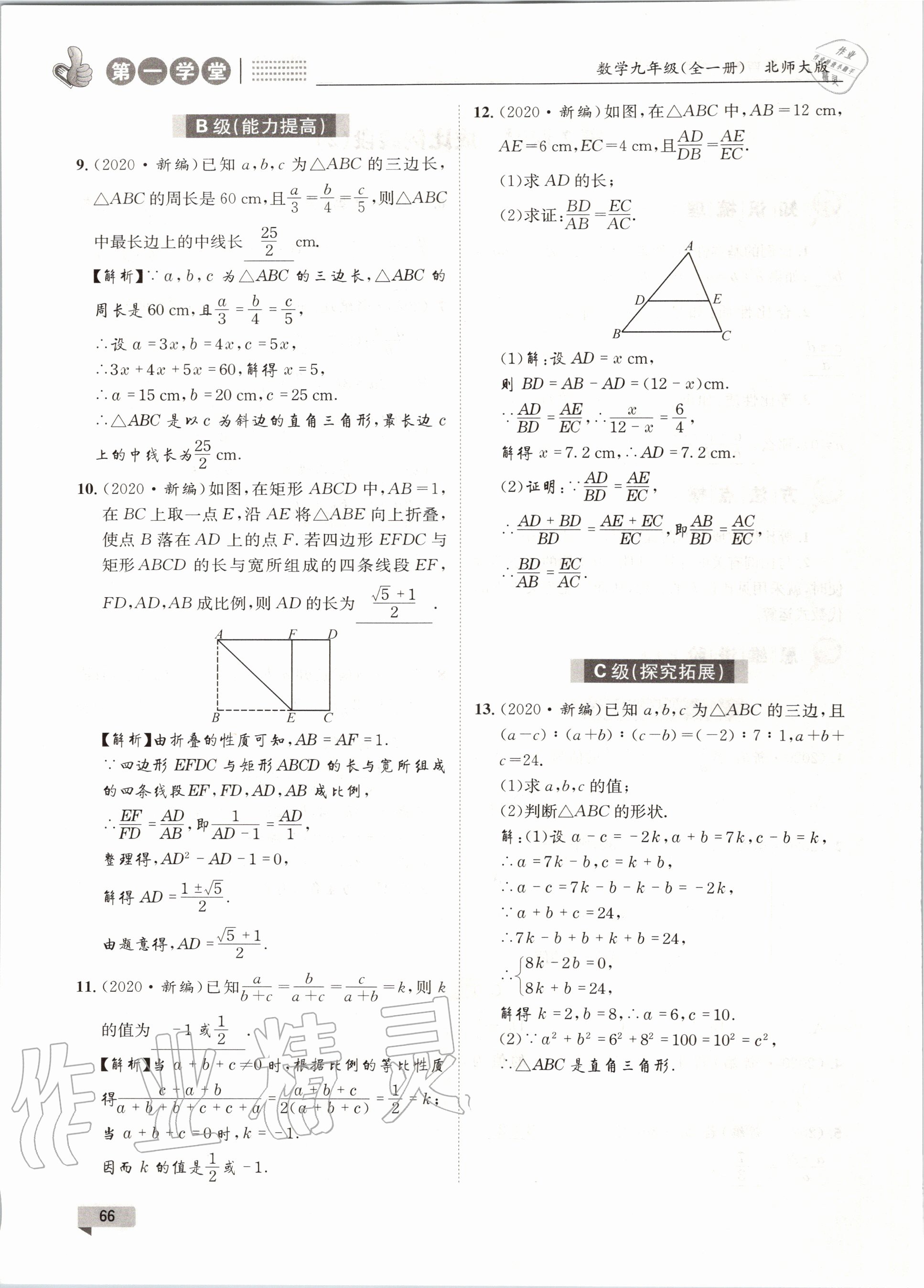 2020年第一學堂九年級數(shù)學全一冊北師大版 參考答案第66頁