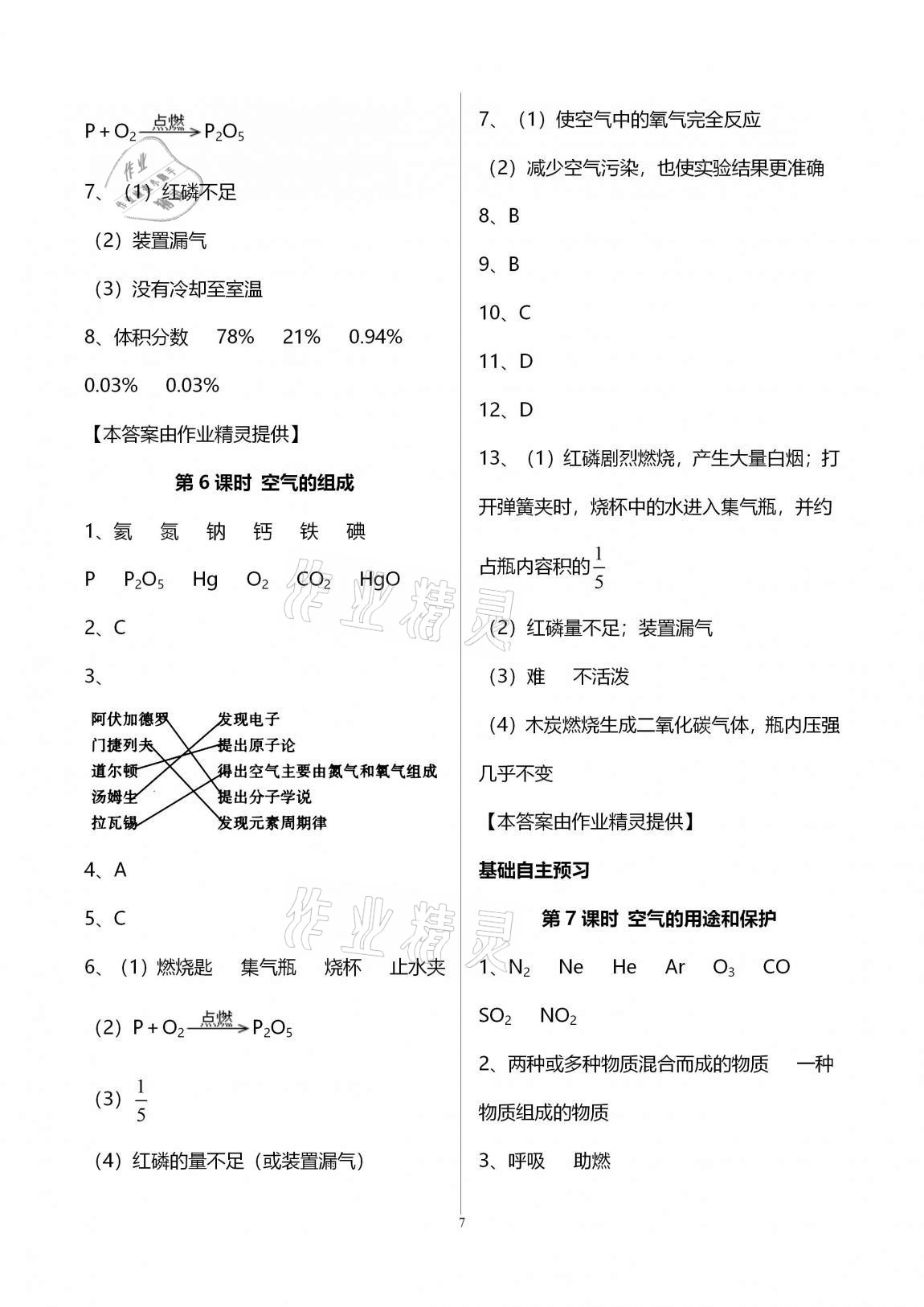 2020年初三化學(xué)課時(shí)精練九年級(jí)上冊人教版重慶專版 參考答案第7頁