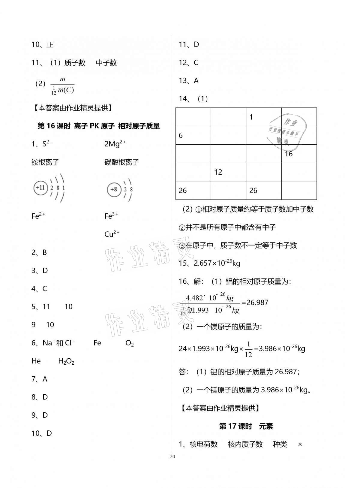 2020年初三化學(xué)課時(shí)精練九年級(jí)上冊(cè)人教版重慶專版 參考答案第20頁(yè)