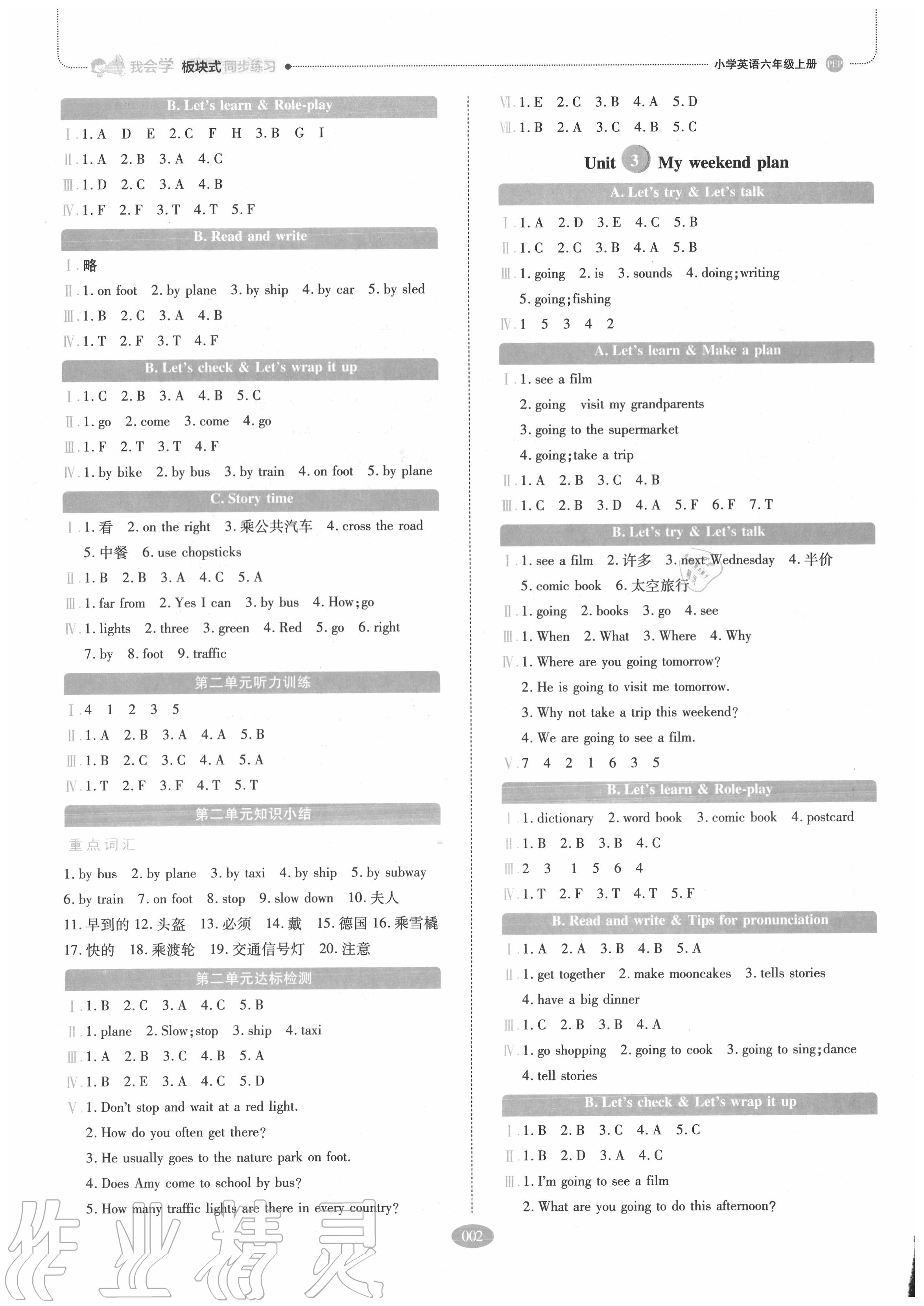 2020年我會(huì)學(xué)板塊式同步練習(xí)六年級(jí)英語上冊人教PEP版 參考答案第2頁