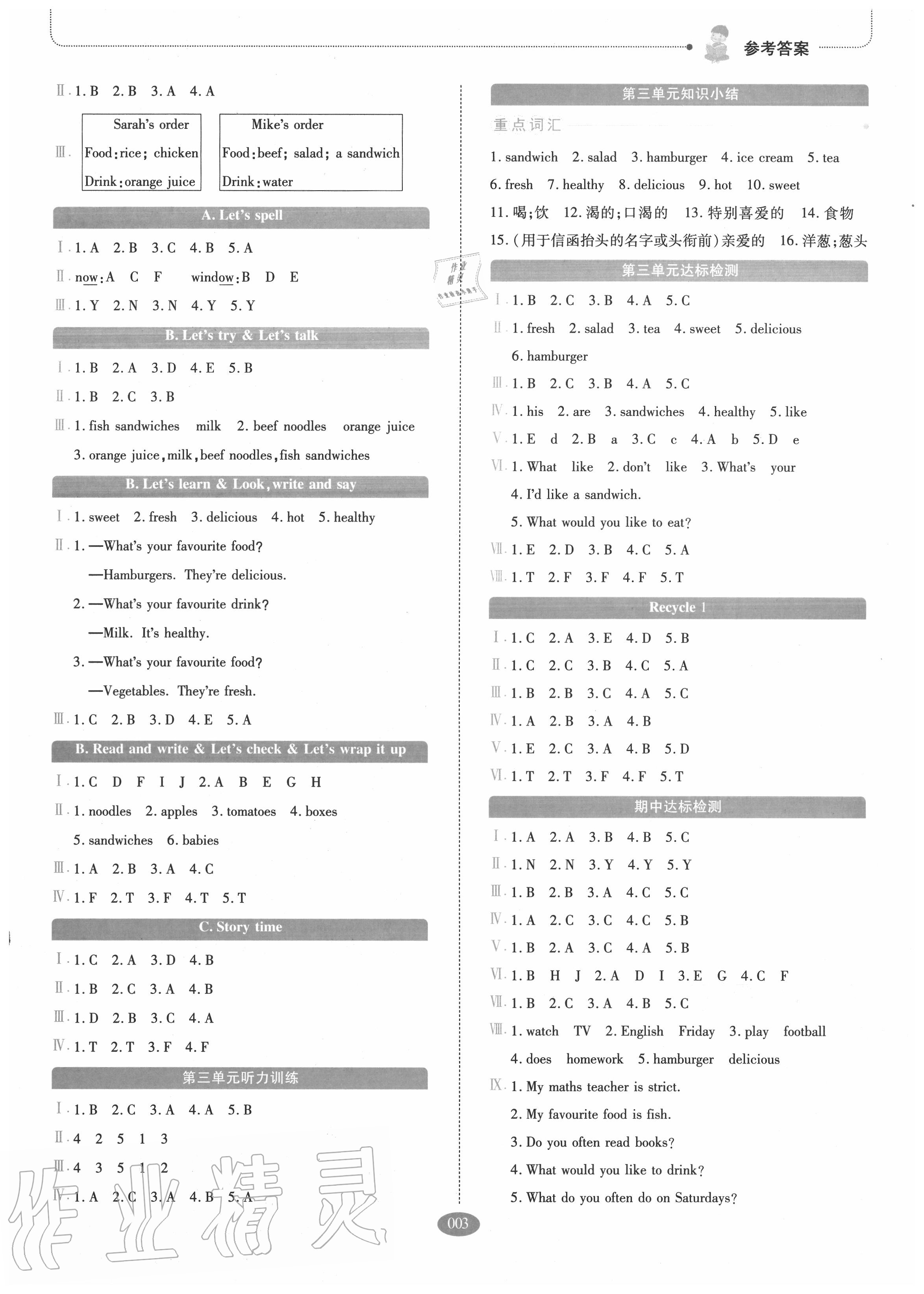 2020年我會學(xué)板塊式同步練習(xí)五年級英語上冊人教PEP版 參考答案第3頁