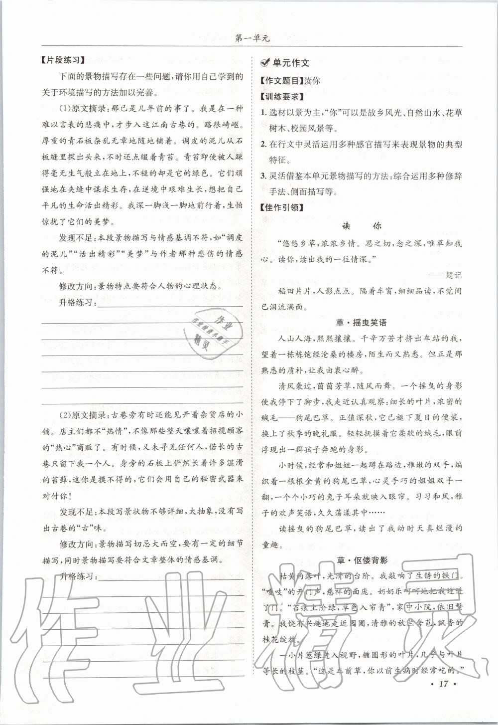 2020年蓉城学霸七年级语文上册人教版 参考答案第17页