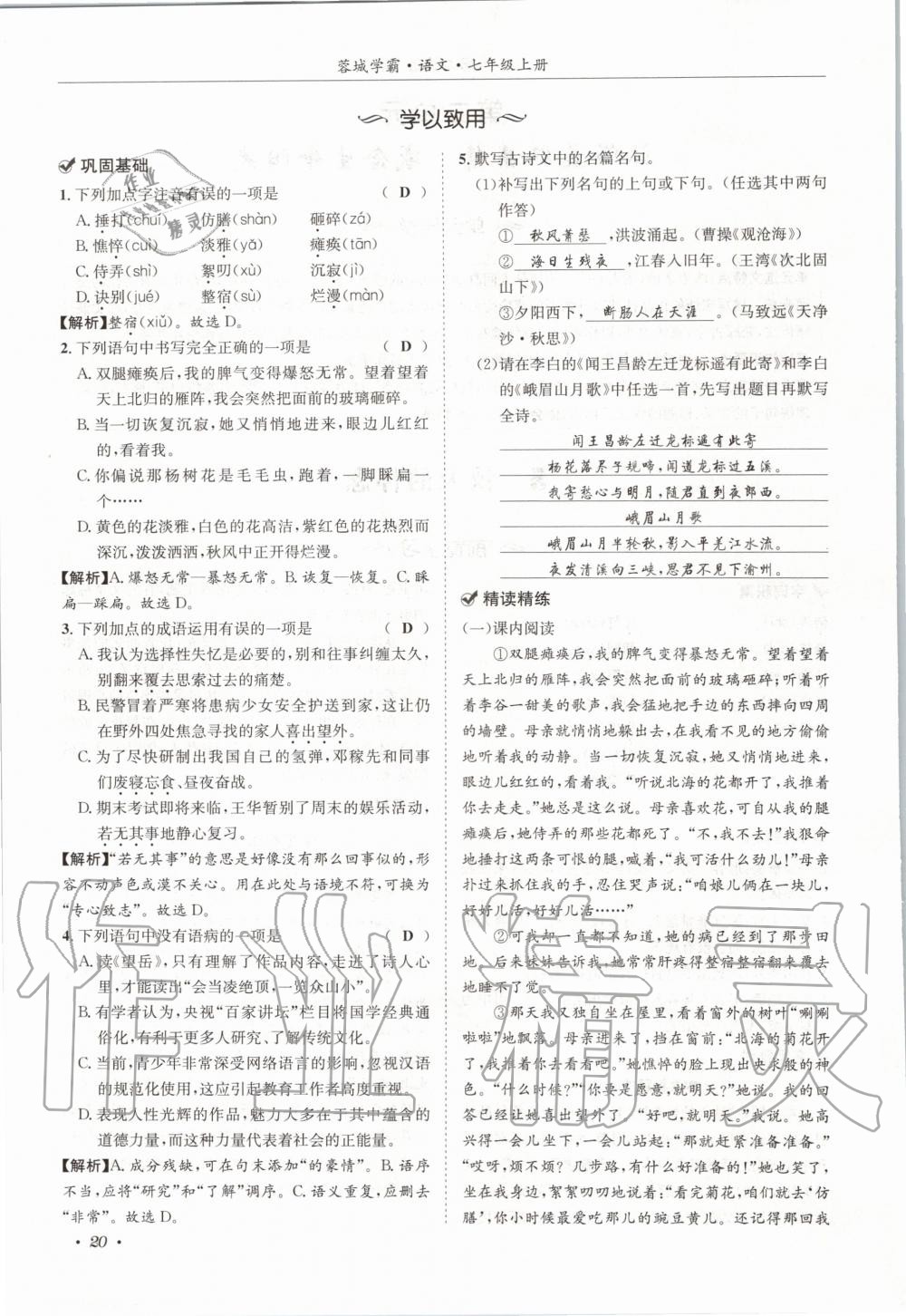 2020年蓉城学霸七年级语文上册人教版 参考答案第20页