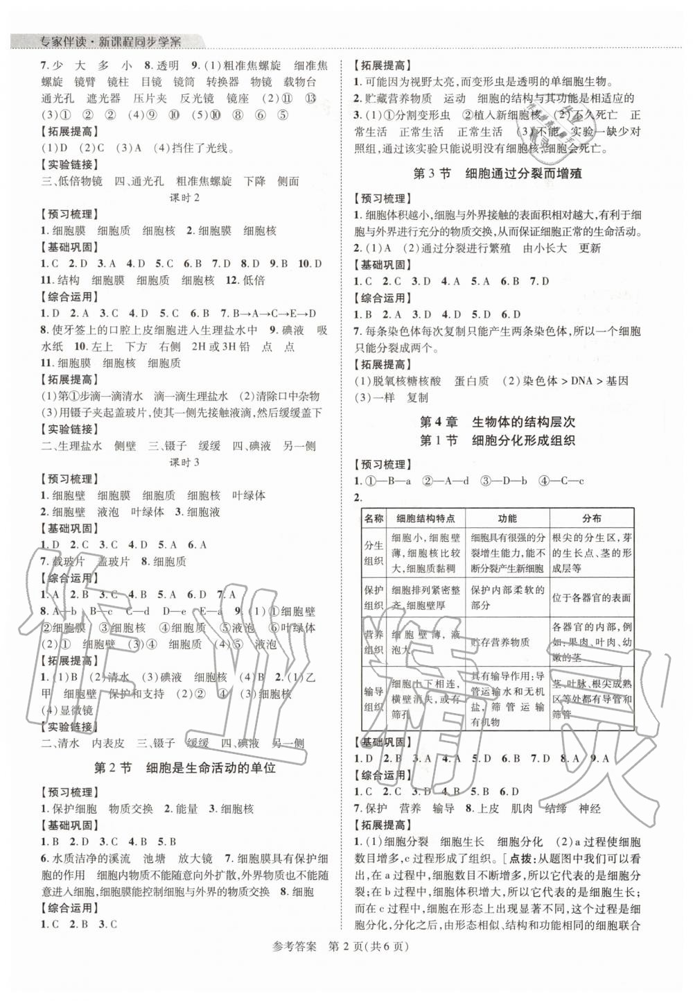 2020年新课程同步学案七年级生物学上册北师大版 参考答案第2页