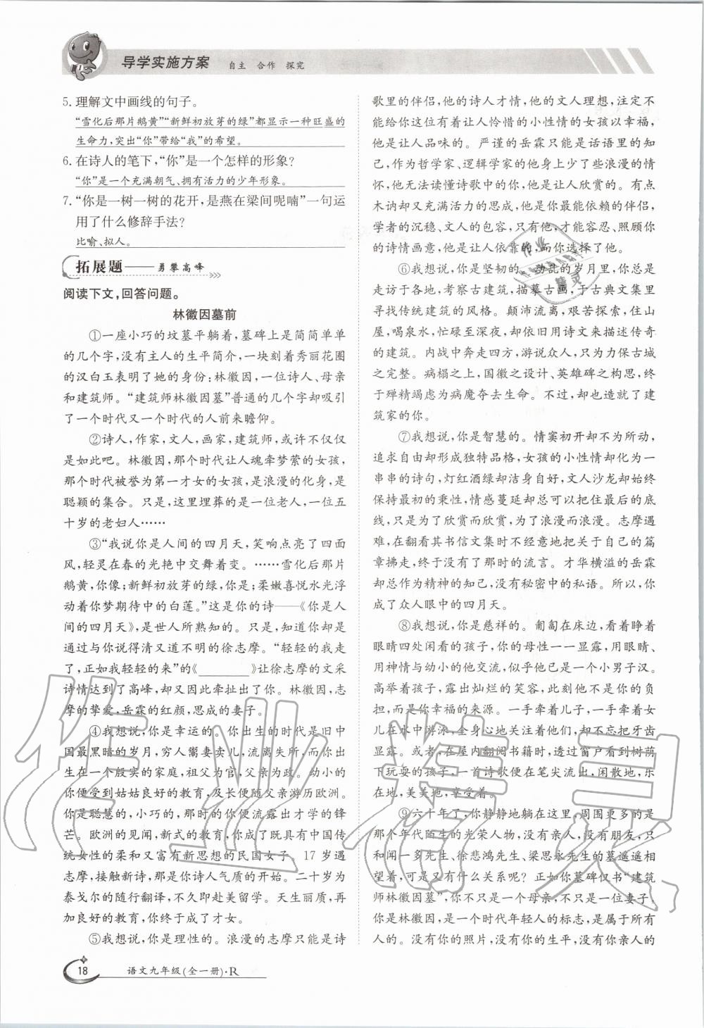 2020年三段六步導(dǎo)學(xué)案九年級語文全一冊人教版 參考答案第18頁
