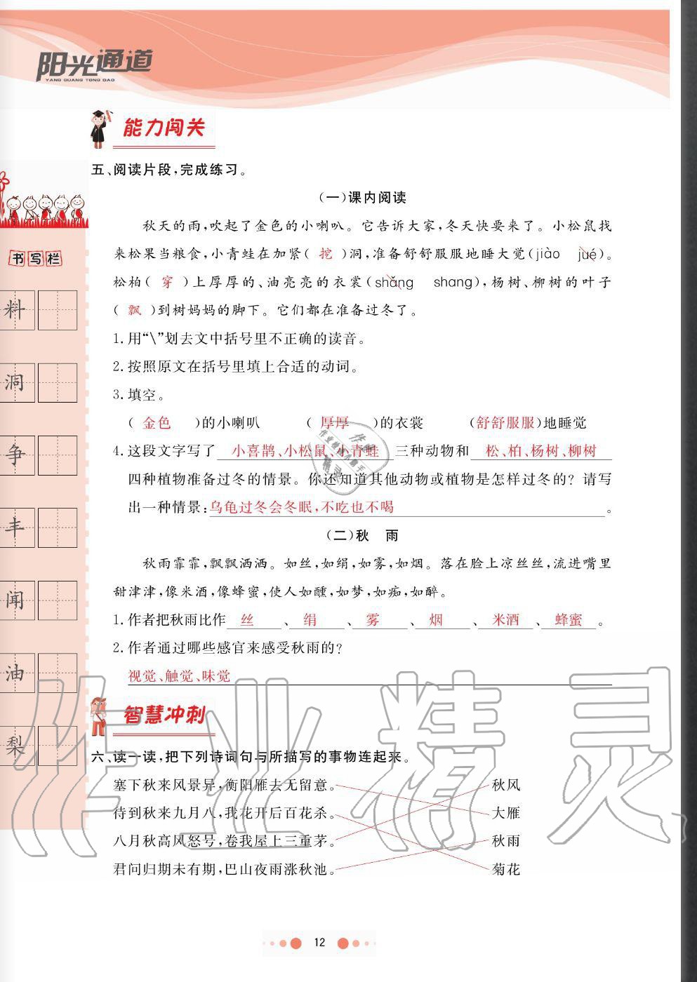 2020年陽(yáng)光通道三年級(jí)語(yǔ)文上冊(cè)人教版 參考答案第12頁(yè)