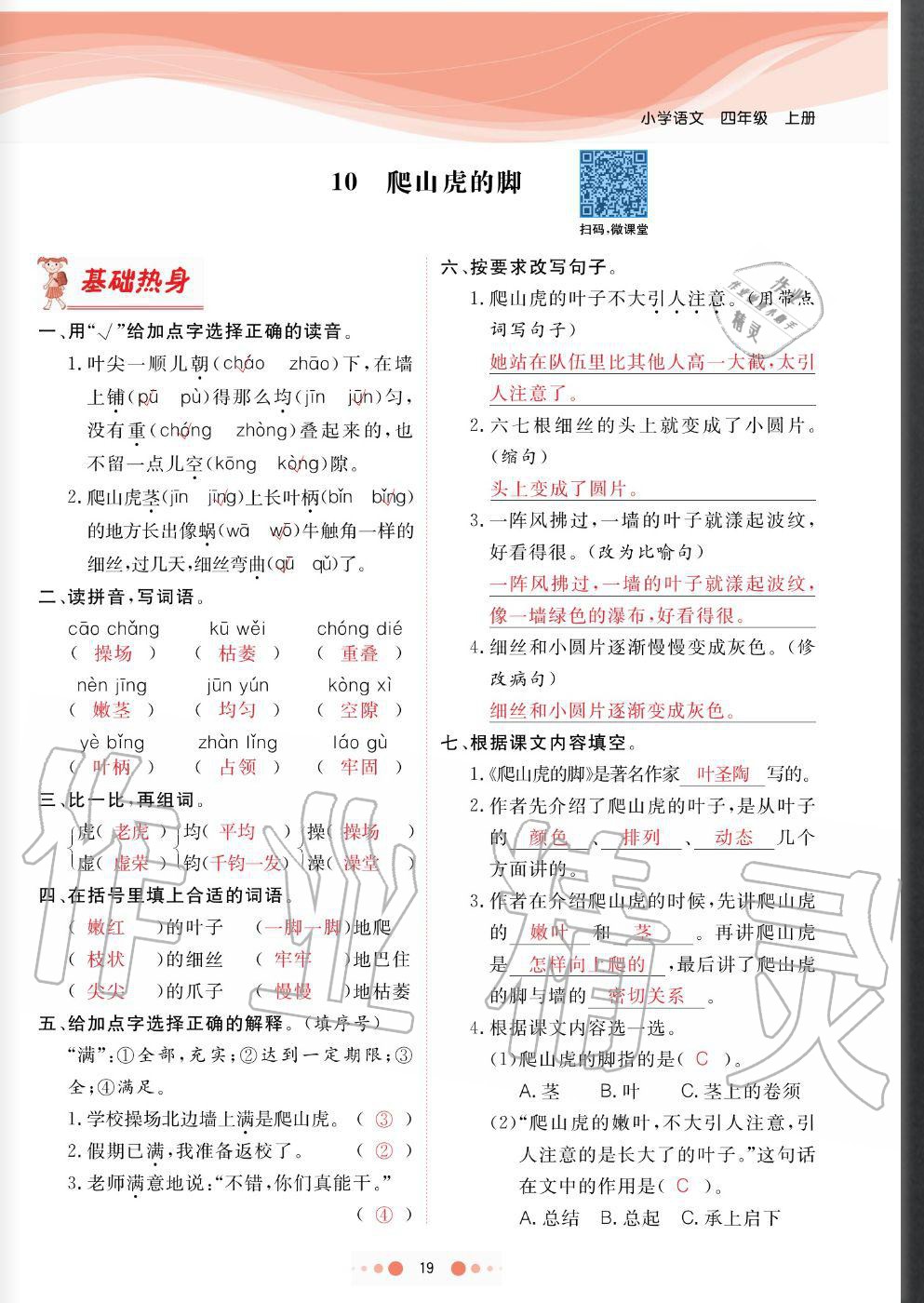 2020年陽(yáng)光通道四年級(jí)語(yǔ)文上冊(cè)人教版 參考答案第19頁(yè)