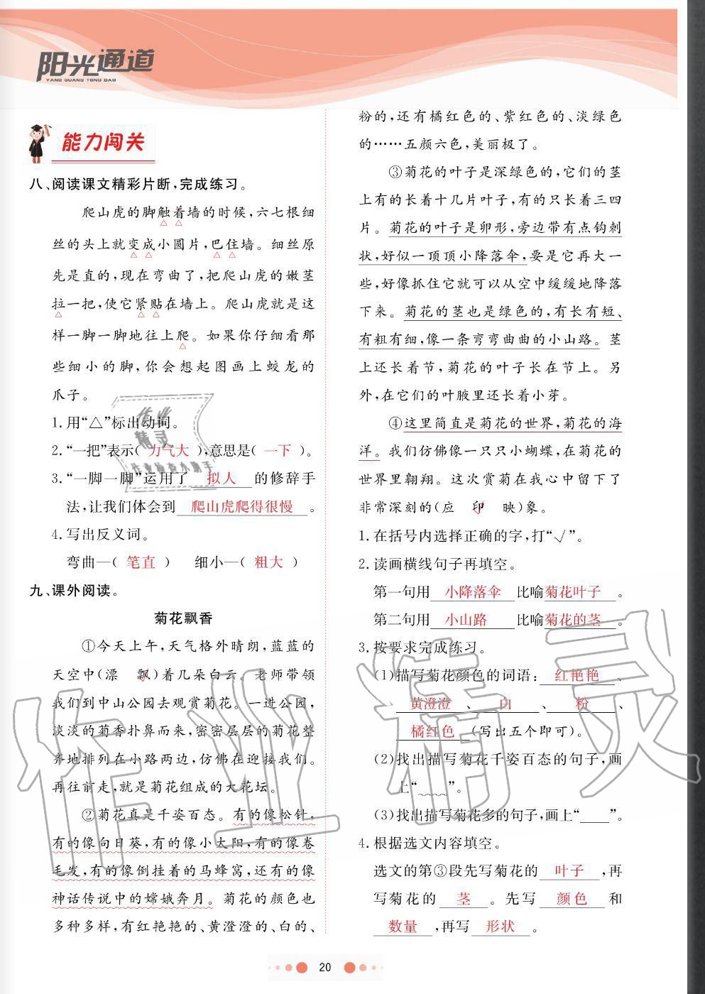 2020年陽光通道四年級語文上冊人教版 參考答案第20頁