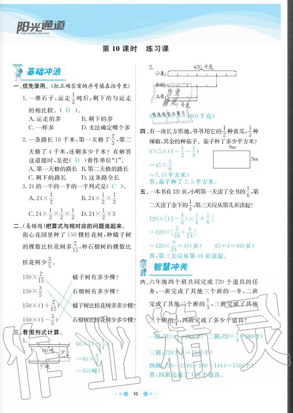 2020年陽(yáng)光通道六年級(jí)數(shù)學(xué)上冊(cè)人教版 參考答案第10頁(yè)