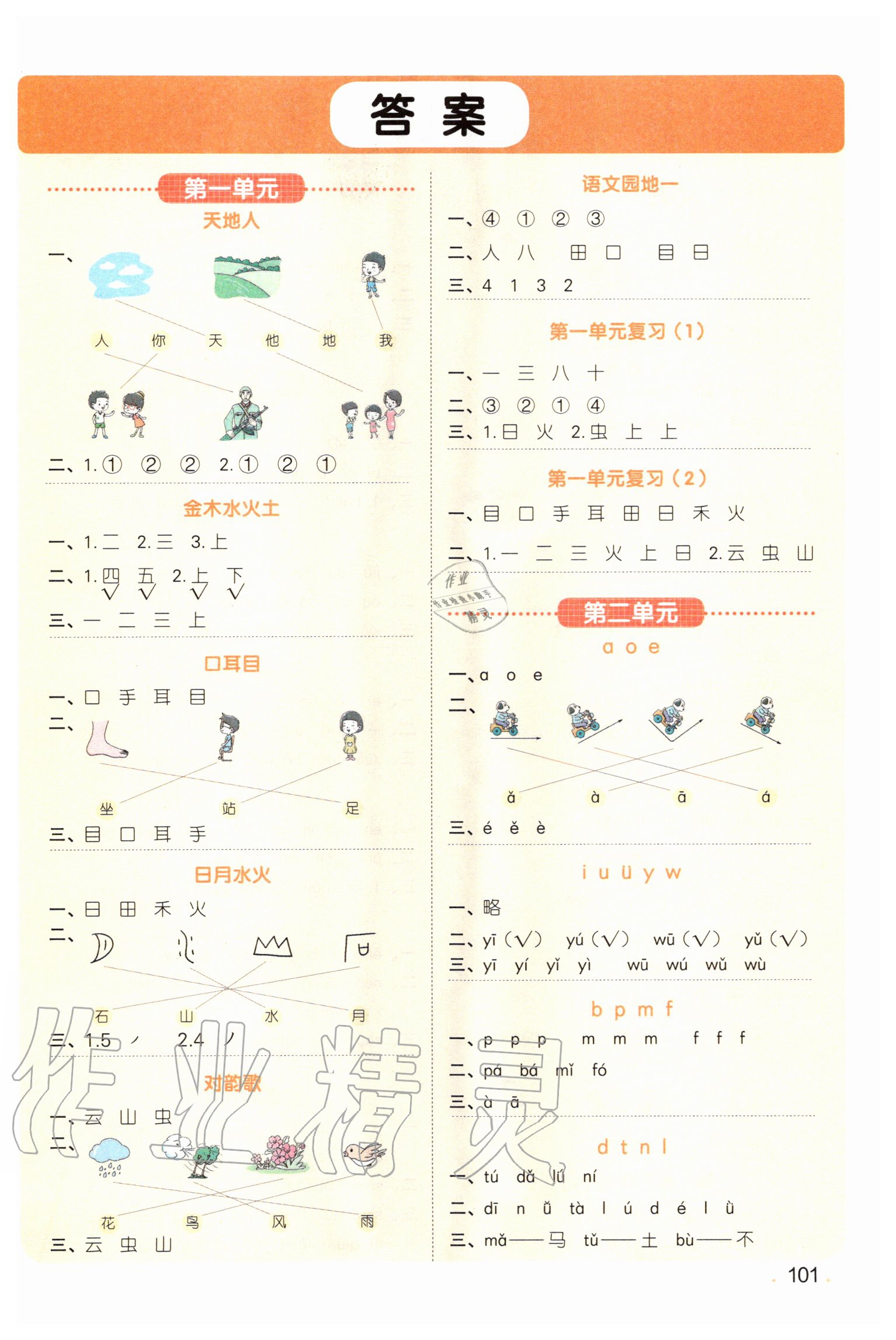 2020年陽光同學默寫小達人一年級語文上冊人教版 參考答案第1頁