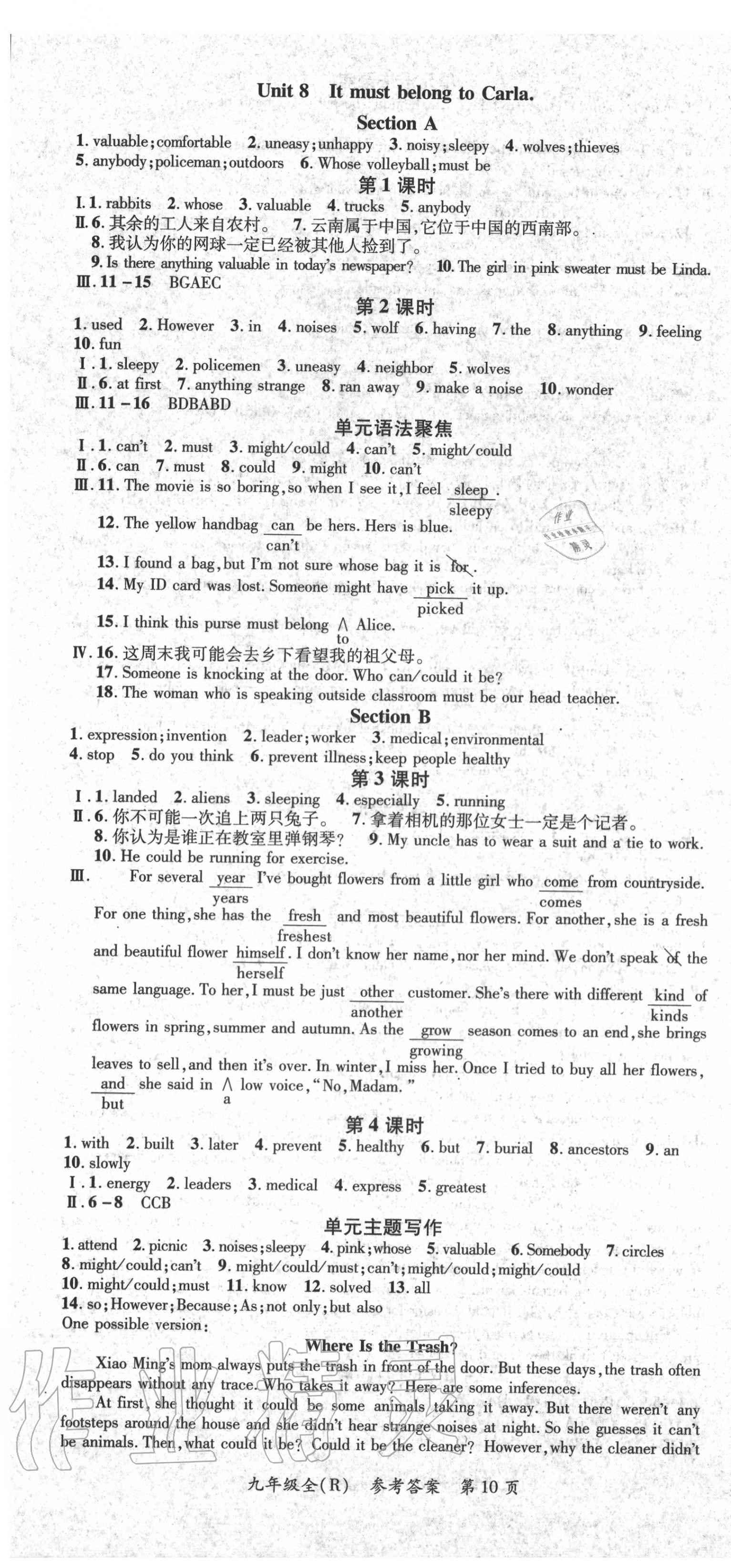 2020年名師點(diǎn)睛學(xué)練考九年級(jí)英語(yǔ)全一冊(cè)人教版 參考答案第10頁(yè)