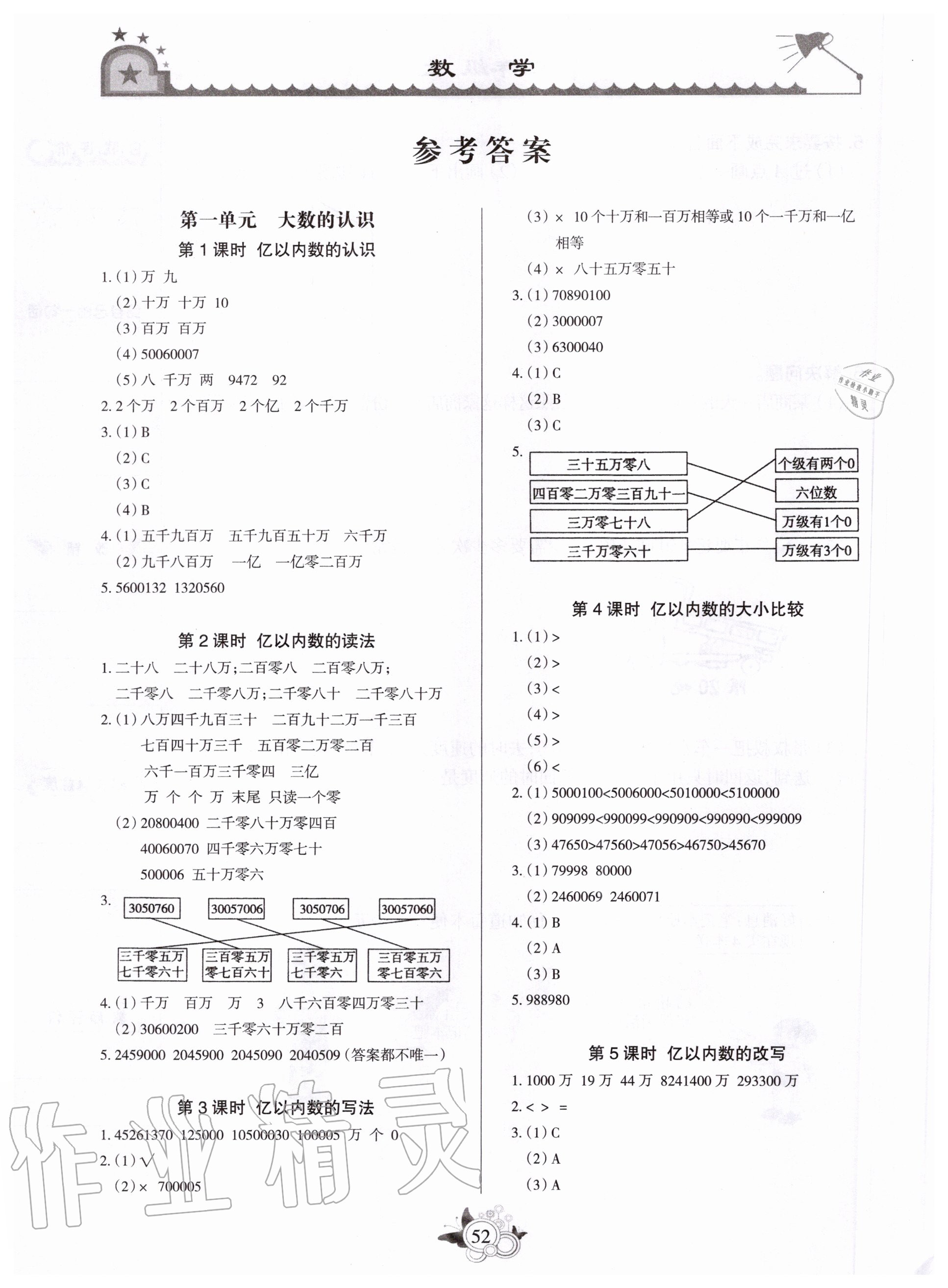 2020年形成性自主評價(jià)四年級數(shù)學(xué)上冊人教版 參考答案第1頁