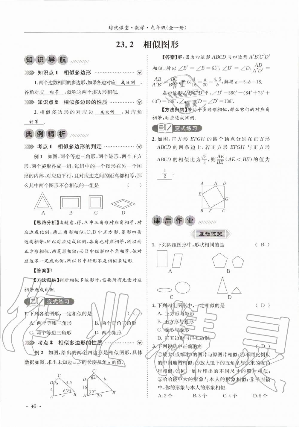 2020年培優課堂九年級數學全一冊華師大版四川專版 參考答案第46頁