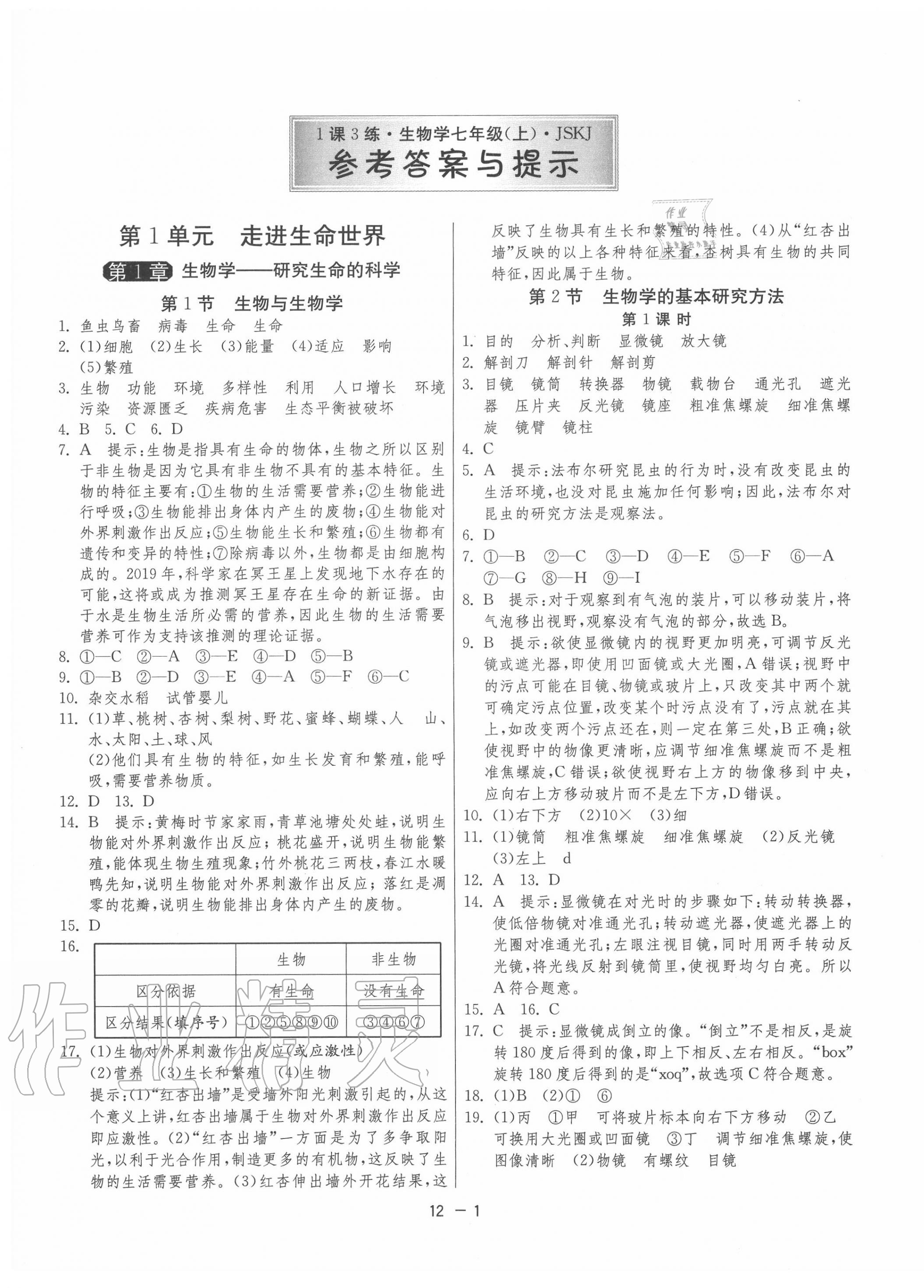 2020年1課3練單元達(dá)標(biāo)測(cè)試七年級(jí)生物學(xué)上冊(cè)蘇科版 第1頁