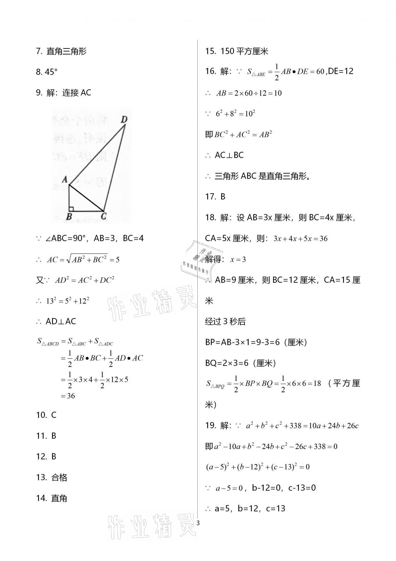 2020年基础训练八年级数学上册北师大版大象出版社 参考答案第3页