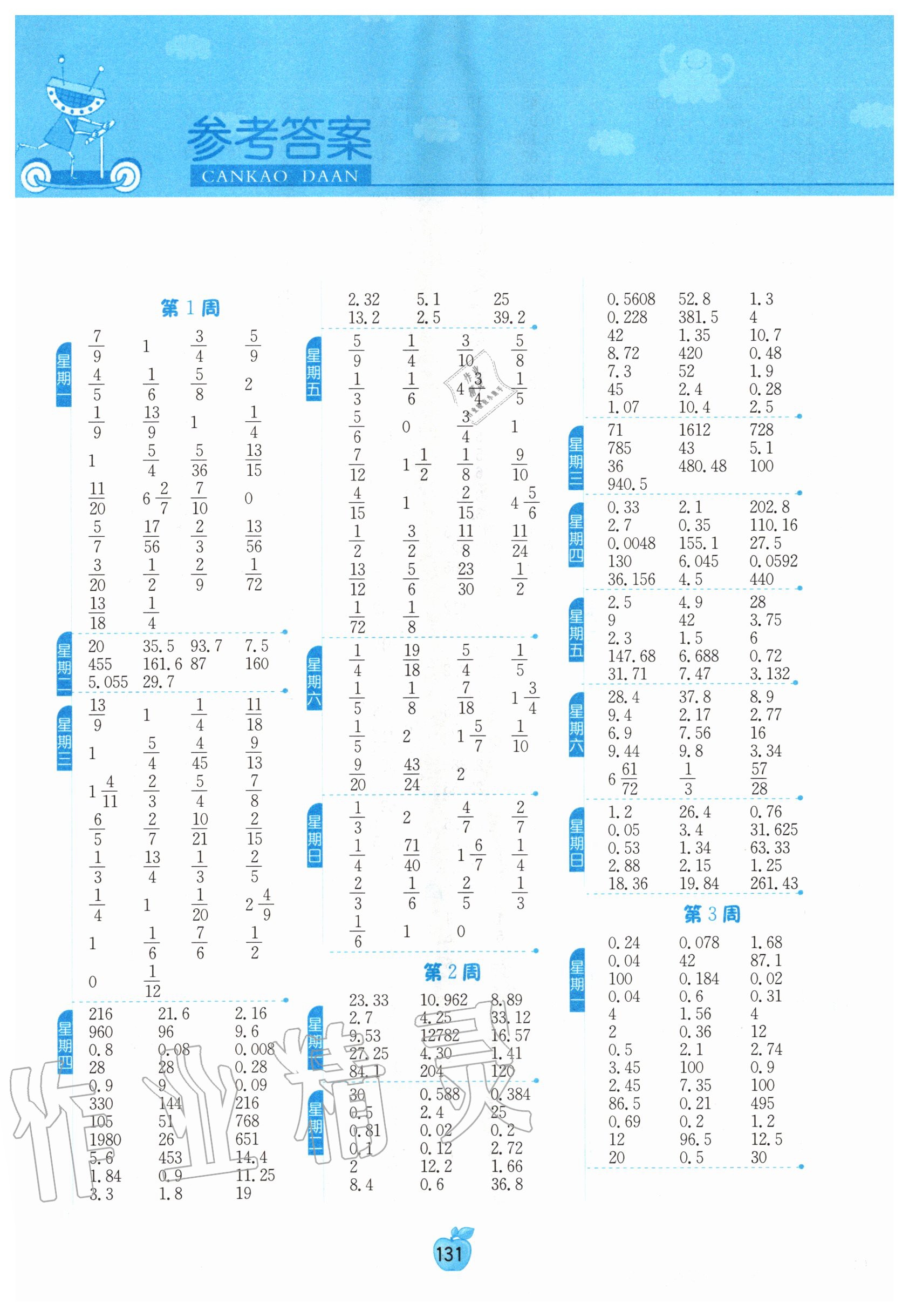 2020年小學(xué)數(shù)學(xué)計(jì)算高手六年級上冊蘇教版江蘇專版 參考答案第1頁