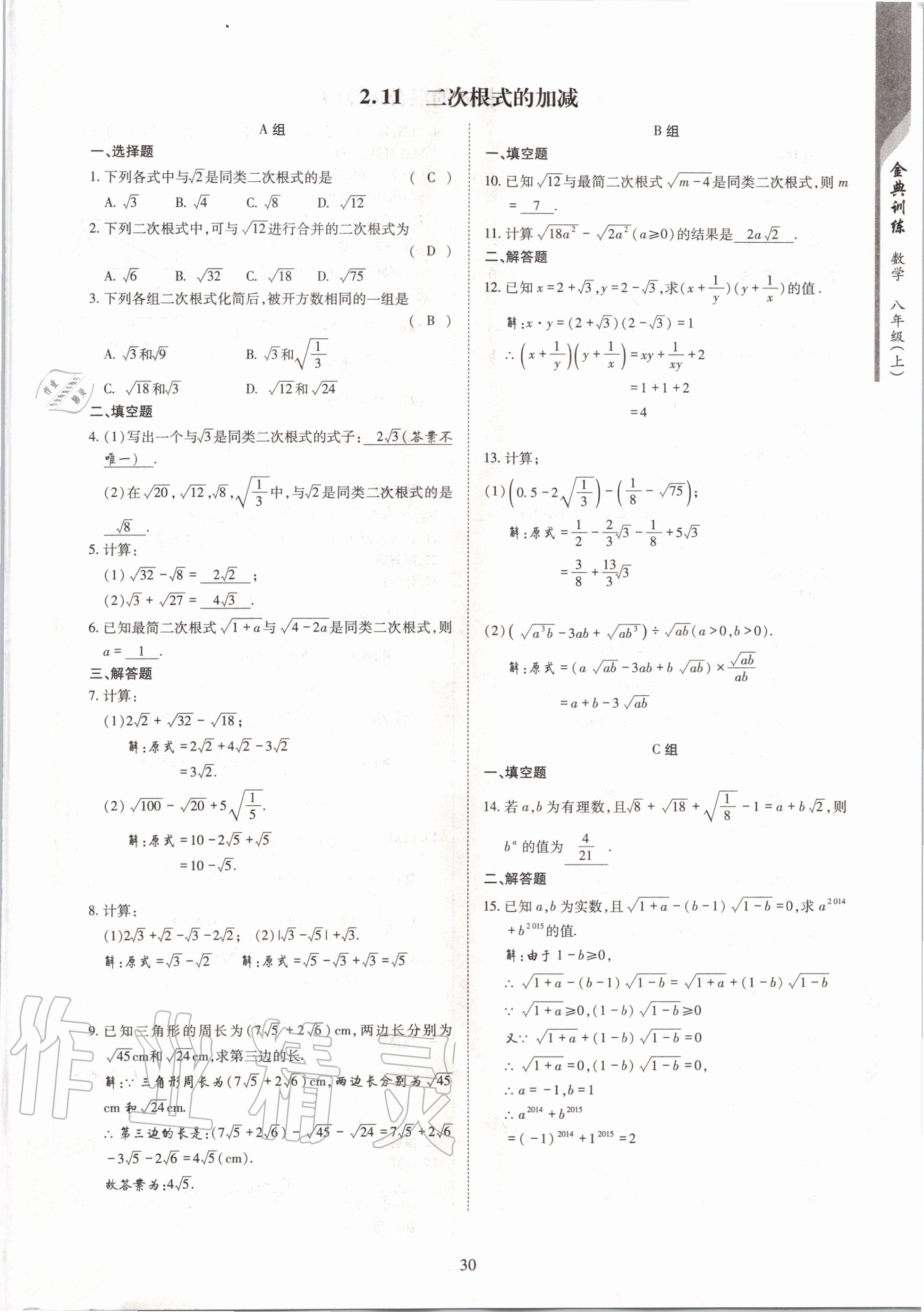 2020年金典訓(xùn)練八年級(jí)數(shù)學(xué)上冊(cè)北師大版 參考答案第30頁(yè)