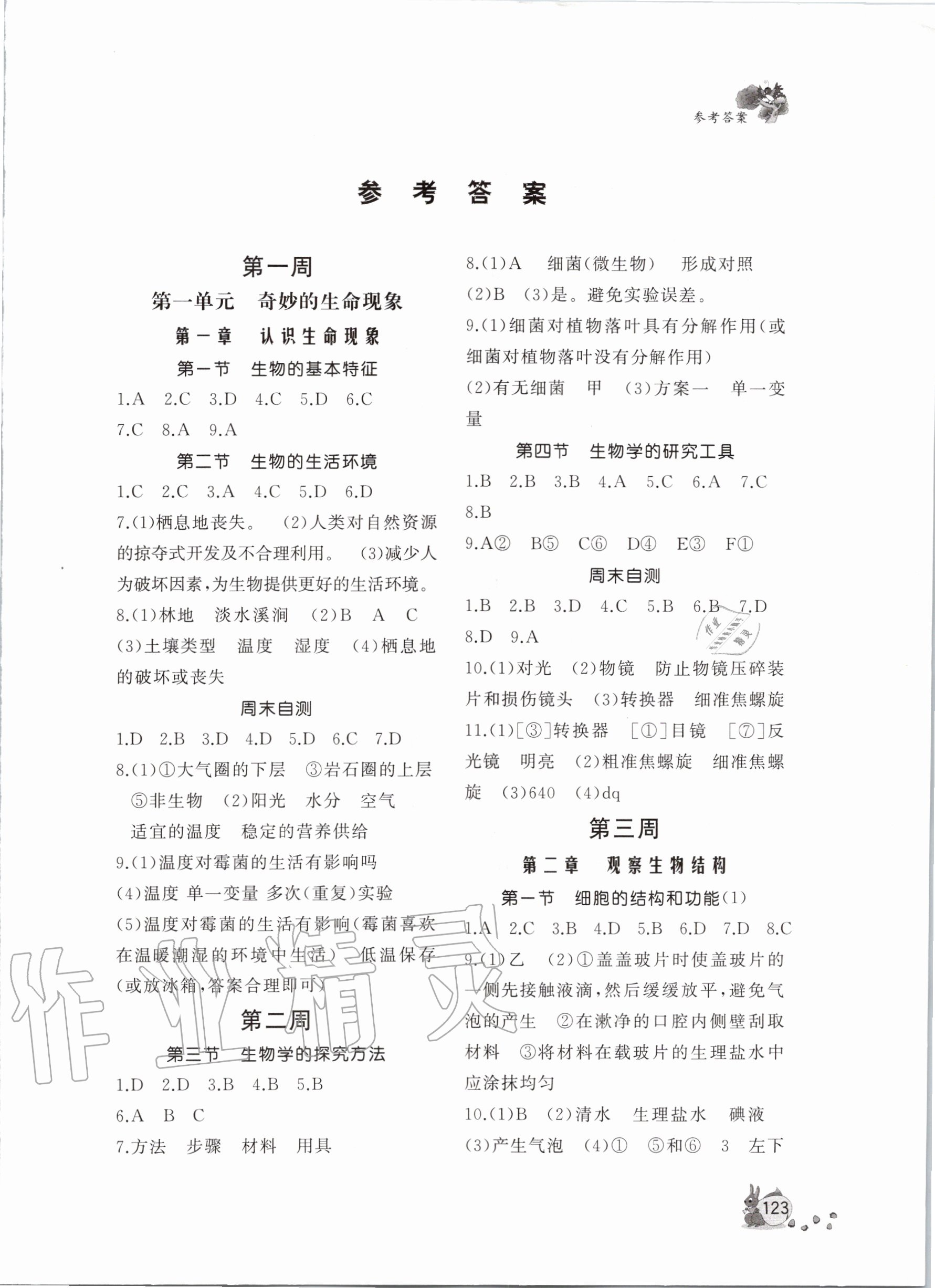 2020年新課程助學(xué)叢書生物學(xué)七年級上冊濟(jì)南版 參考答案第1頁