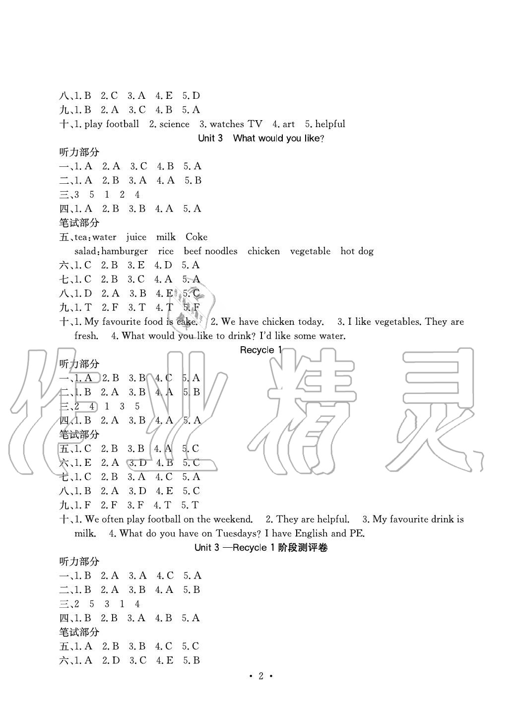 2020年大顯身手素質(zhì)教育單元測評卷五年級英語上冊人教版B版 參考答案第2頁