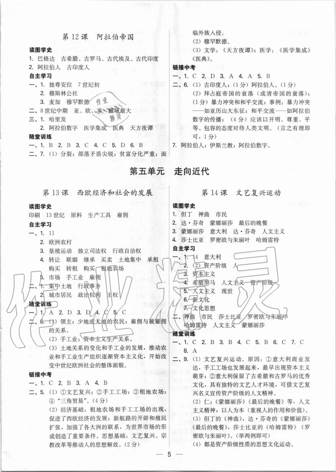 2020年考點(diǎn)專練九年級(jí)歷史全一冊(cè)人教版深圳專版 參考答案第5頁