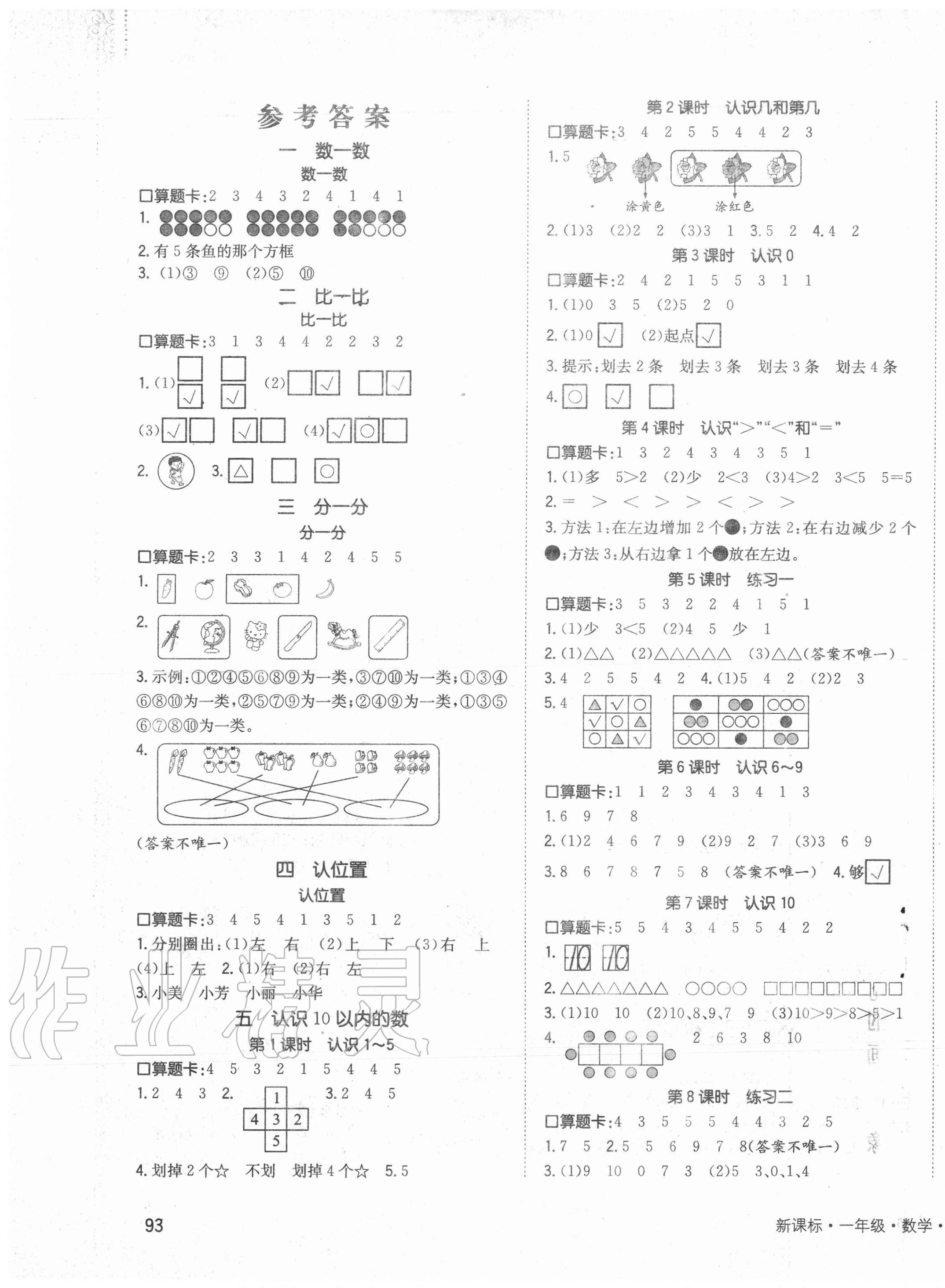 2020年英才小狀元同步優(yōu)化練與測一年級數(shù)學(xué)上冊蘇教版 第1頁