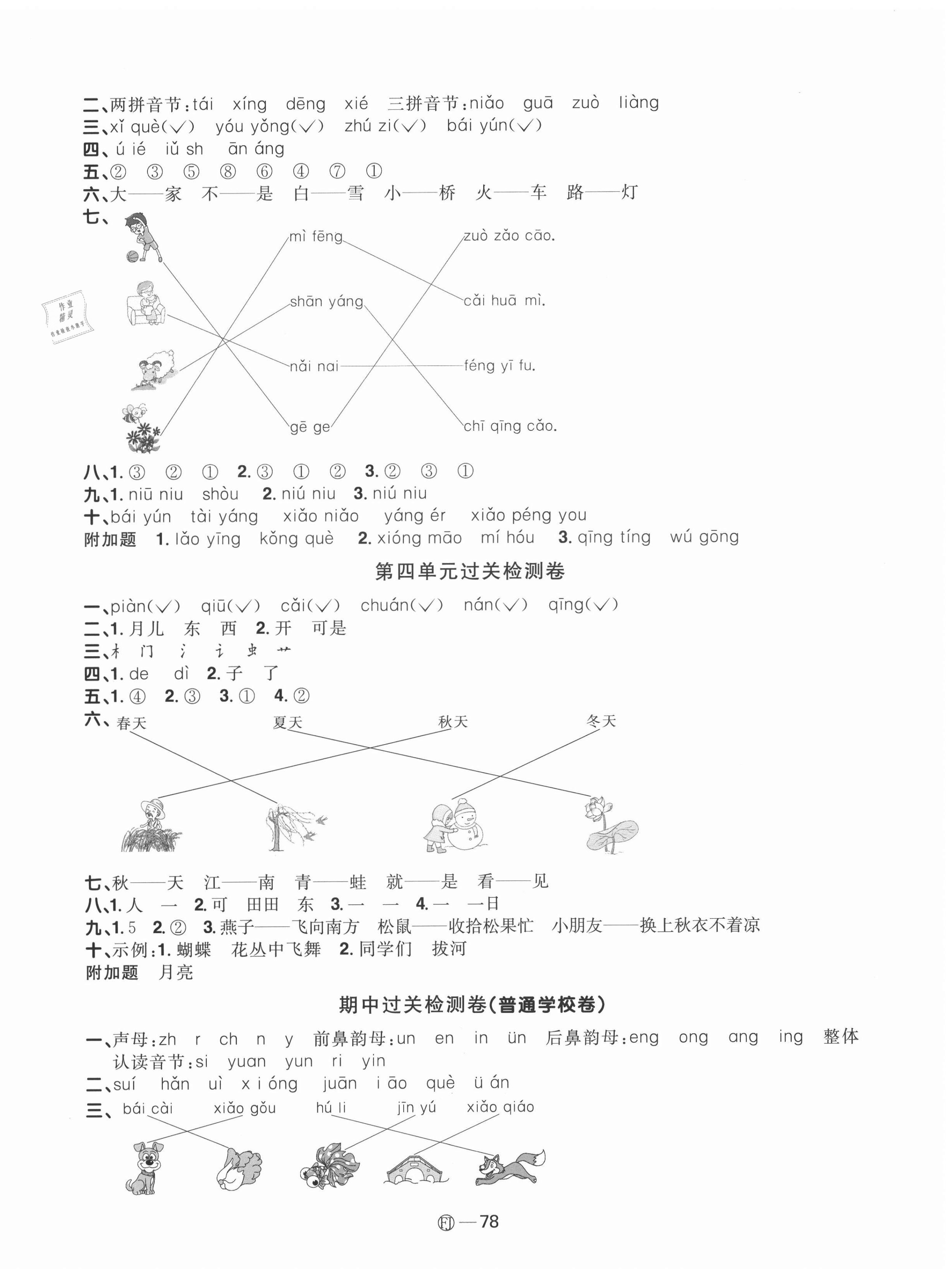 2020年阳光同学一线名师全优好卷一年级语文上册人教版福建专版 参考答案第2页