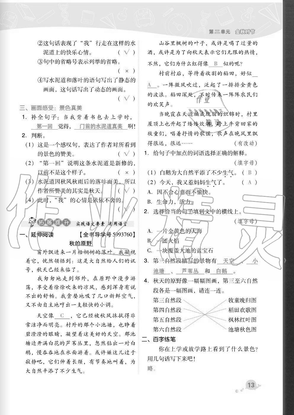 2020年綜合應(yīng)用創(chuàng)新題典中點(diǎn)三年級(jí)語(yǔ)文上冊(cè)人教版福建專版 參考答案第13頁(yè)