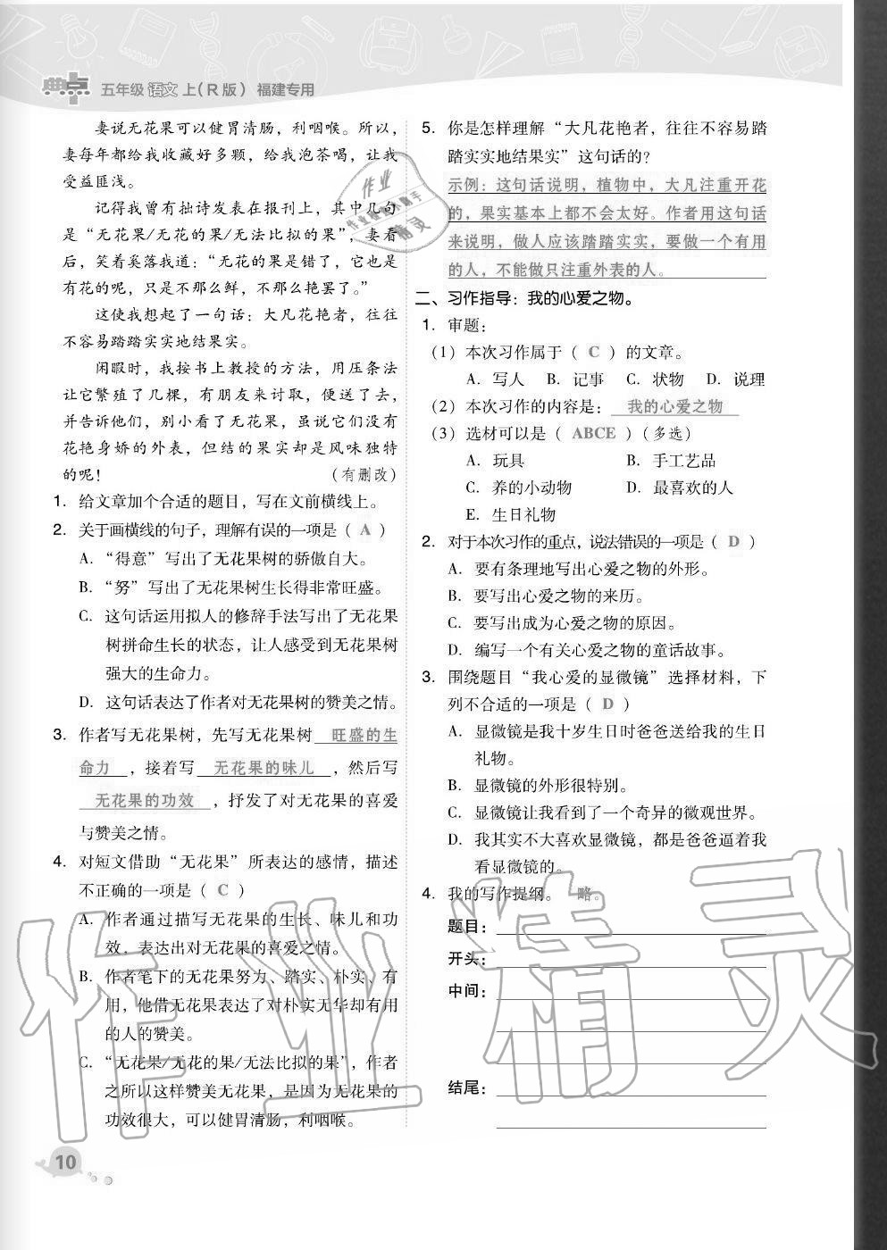 2020年綜合應(yīng)用創(chuàng)新題典中點(diǎn)五年級(jí)語(yǔ)文上冊(cè)人教版福建專版 參考答案第10頁(yè)