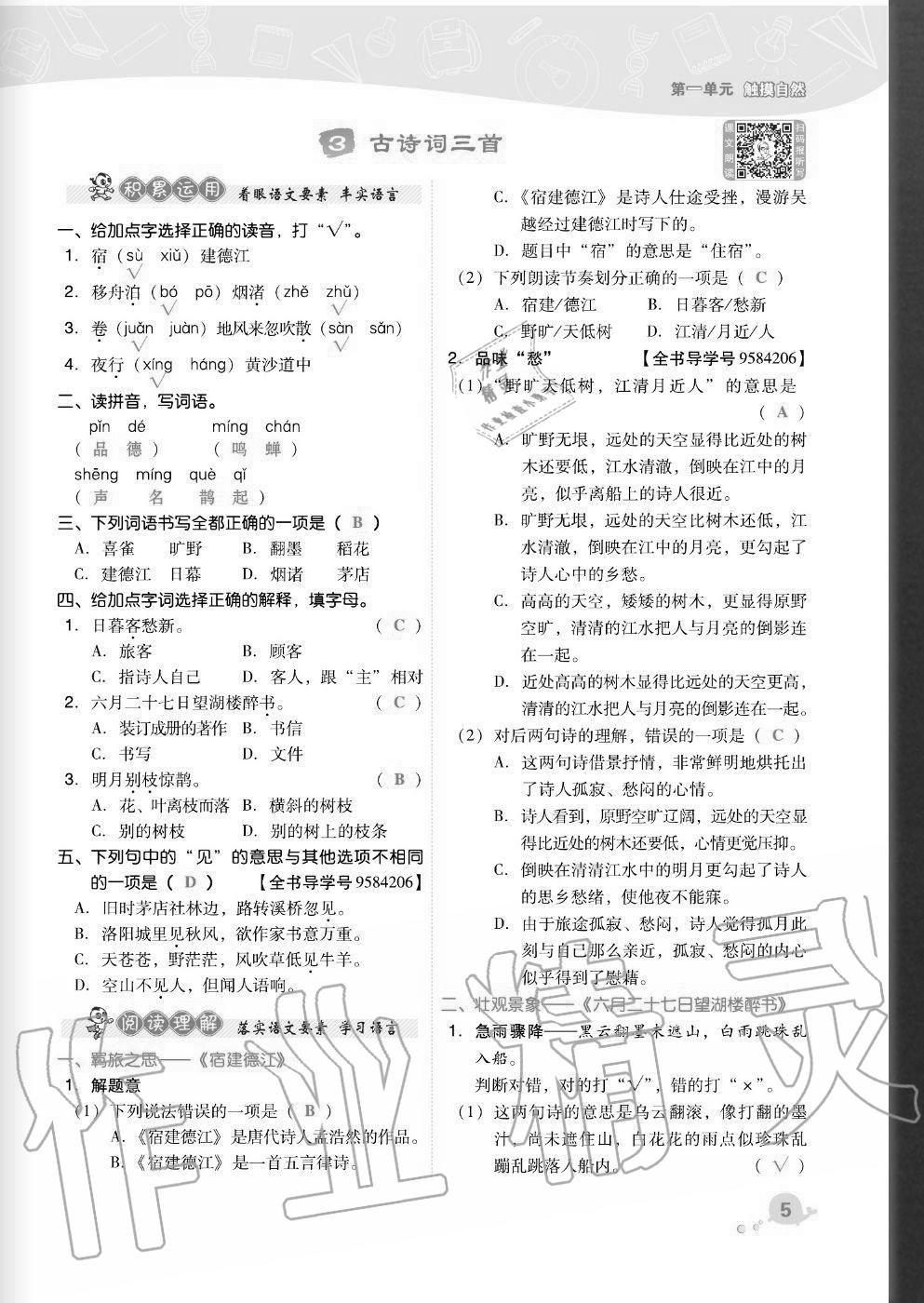 2020年綜合應(yīng)用創(chuàng)新題典中點(diǎn)六年級語文上冊人教版福建專版 參考答案第5頁