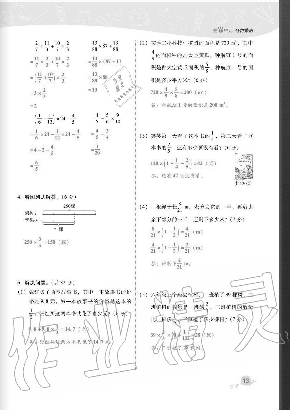 2020年综合应用创新题典中点六年级数学上册人教版福建专版 参考答案第13页