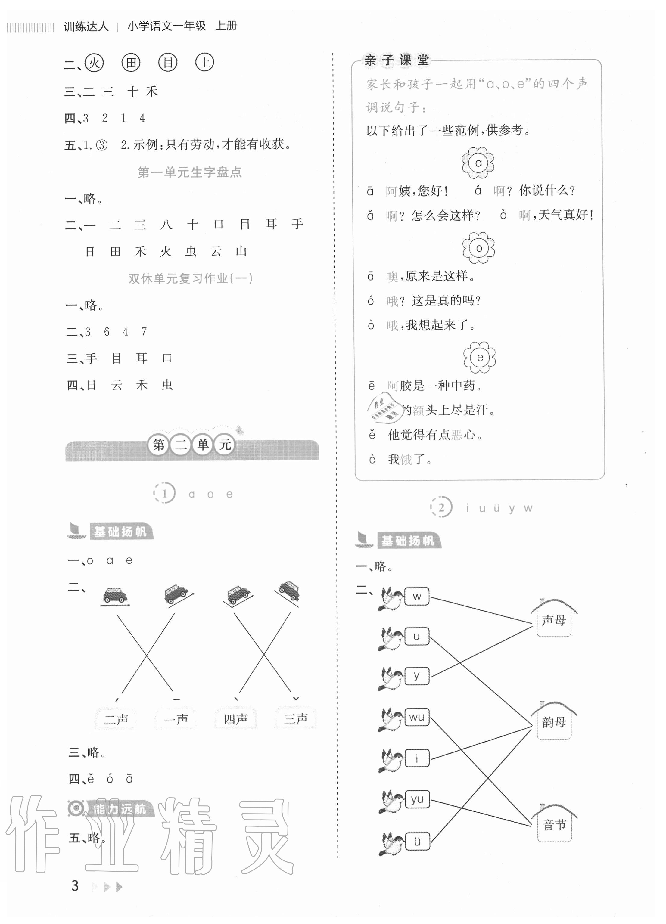 2020年訓(xùn)練達人小學(xué)語文一年級上冊人教版 參考答案第3頁