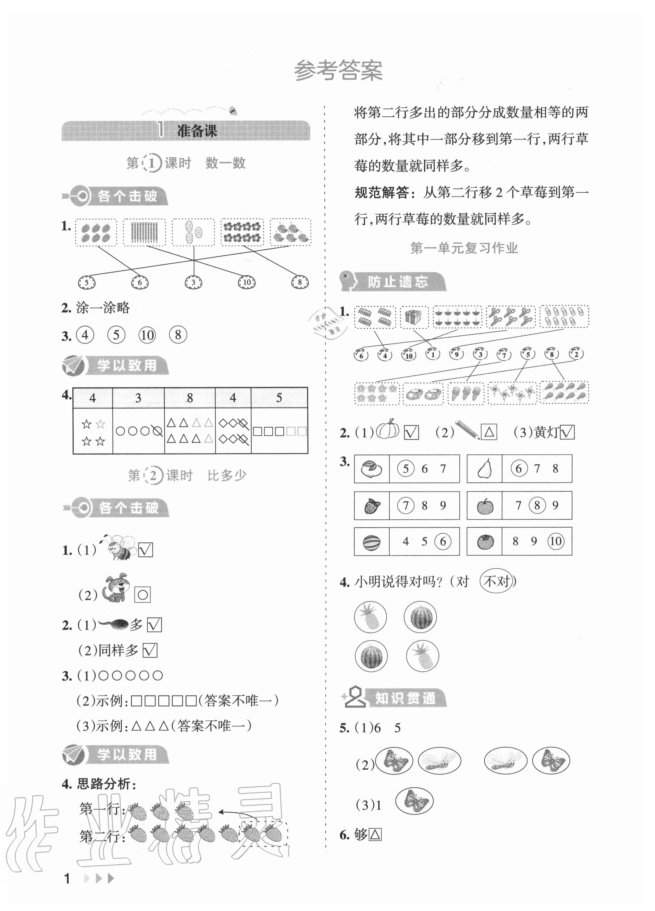 2020年訓練達人小學數(shù)學一年級上冊人教版 參考答案第1頁