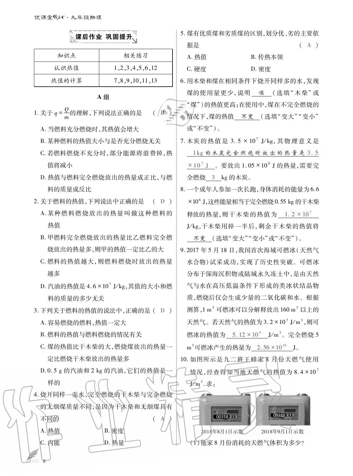 2020年优课堂给力A加九年级物理全一册教科版 参考答案第8页