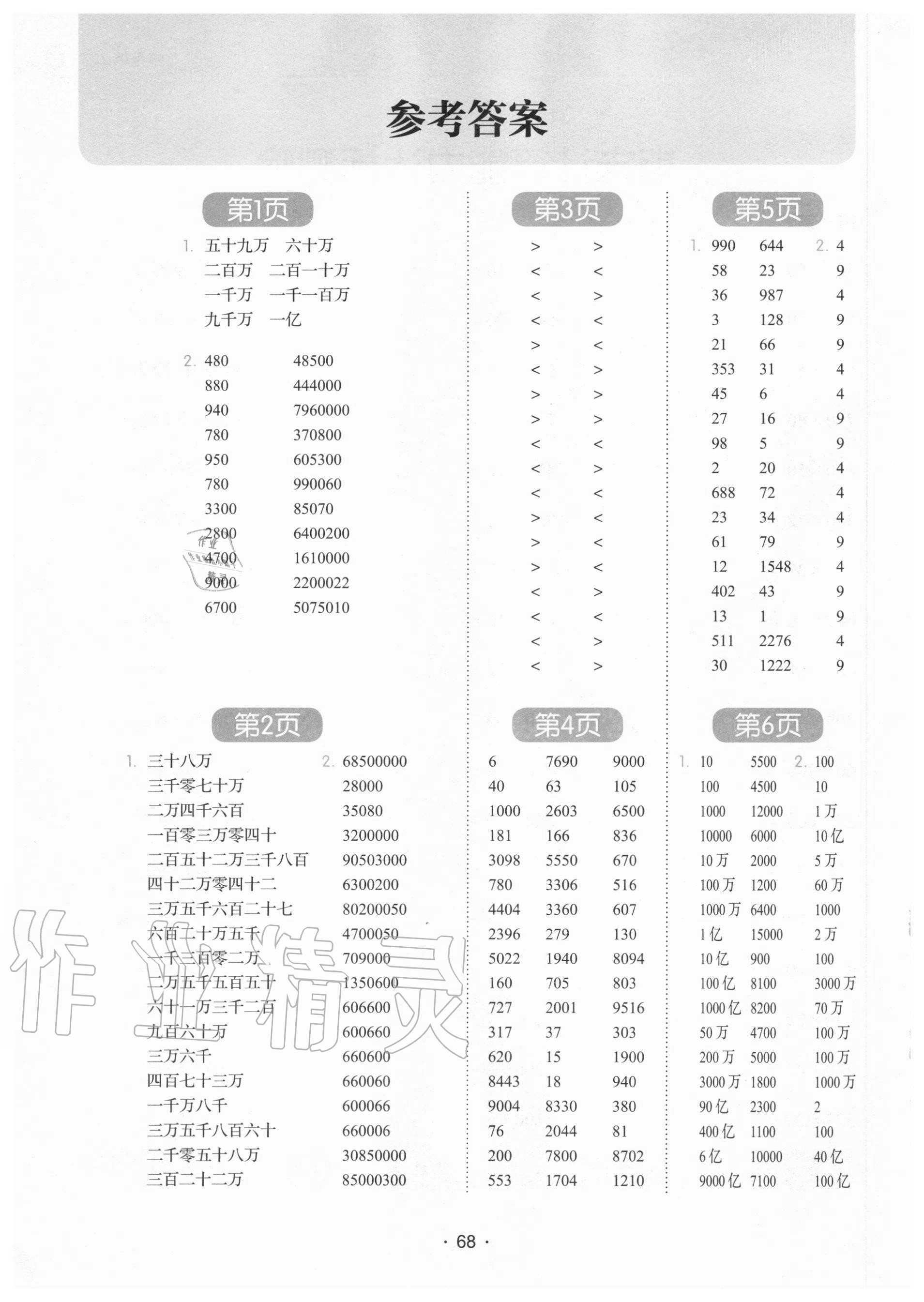 2020年學(xué)霸課堂小學(xué)數(shù)學(xué)口算題卡四年級上冊人教版 參考答案第1頁