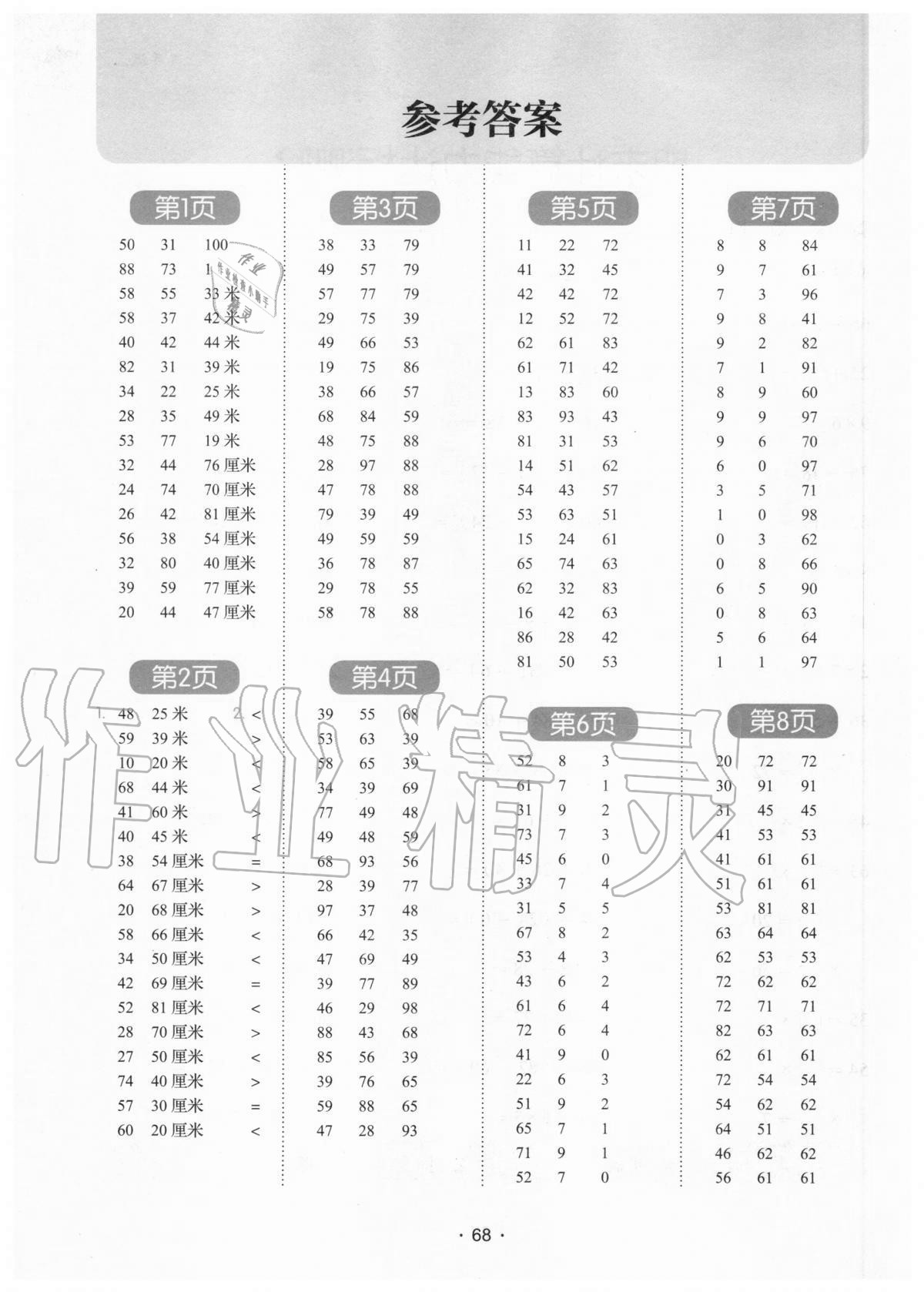 2020年學霸課堂小學數學口算題卡二年級上冊人教版 參考答案第1頁