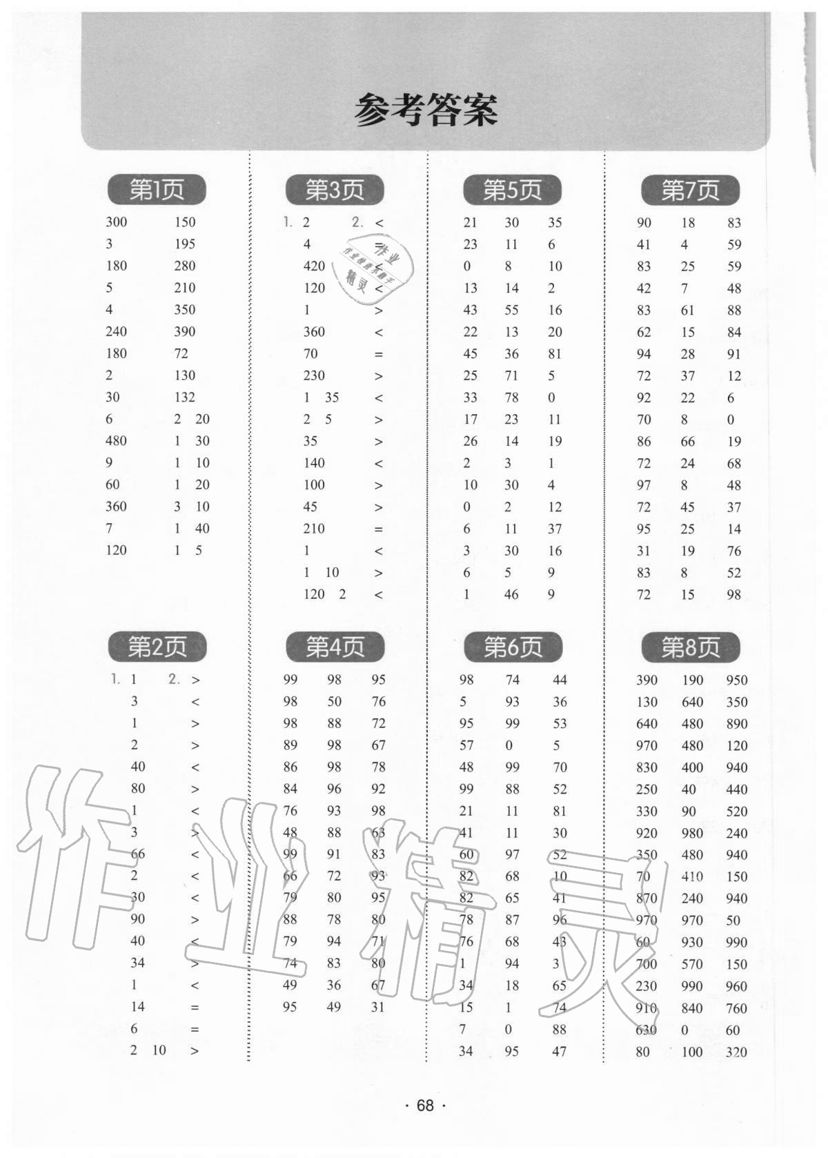2020年學霸課堂小學數學口算題卡三年級上冊人教版 參考答案第1頁