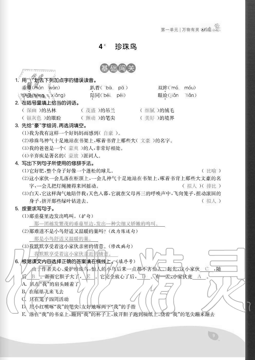 2020年七天學(xué)練考五年級(jí)語(yǔ)文上冊(cè)人教版 參考答案第9頁(yè)
