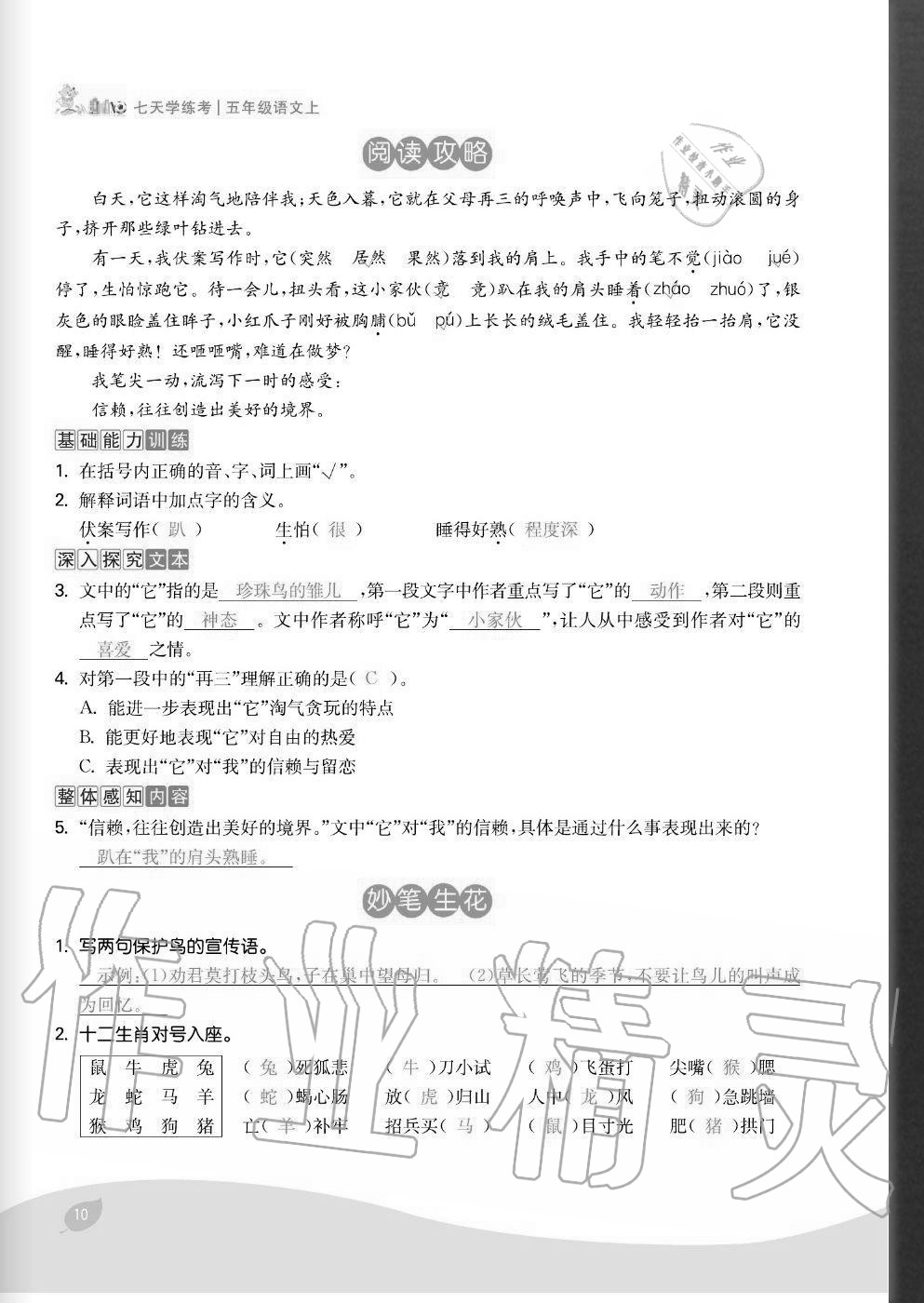 2020年七天學練考五年級語文上冊人教版 參考答案第10頁