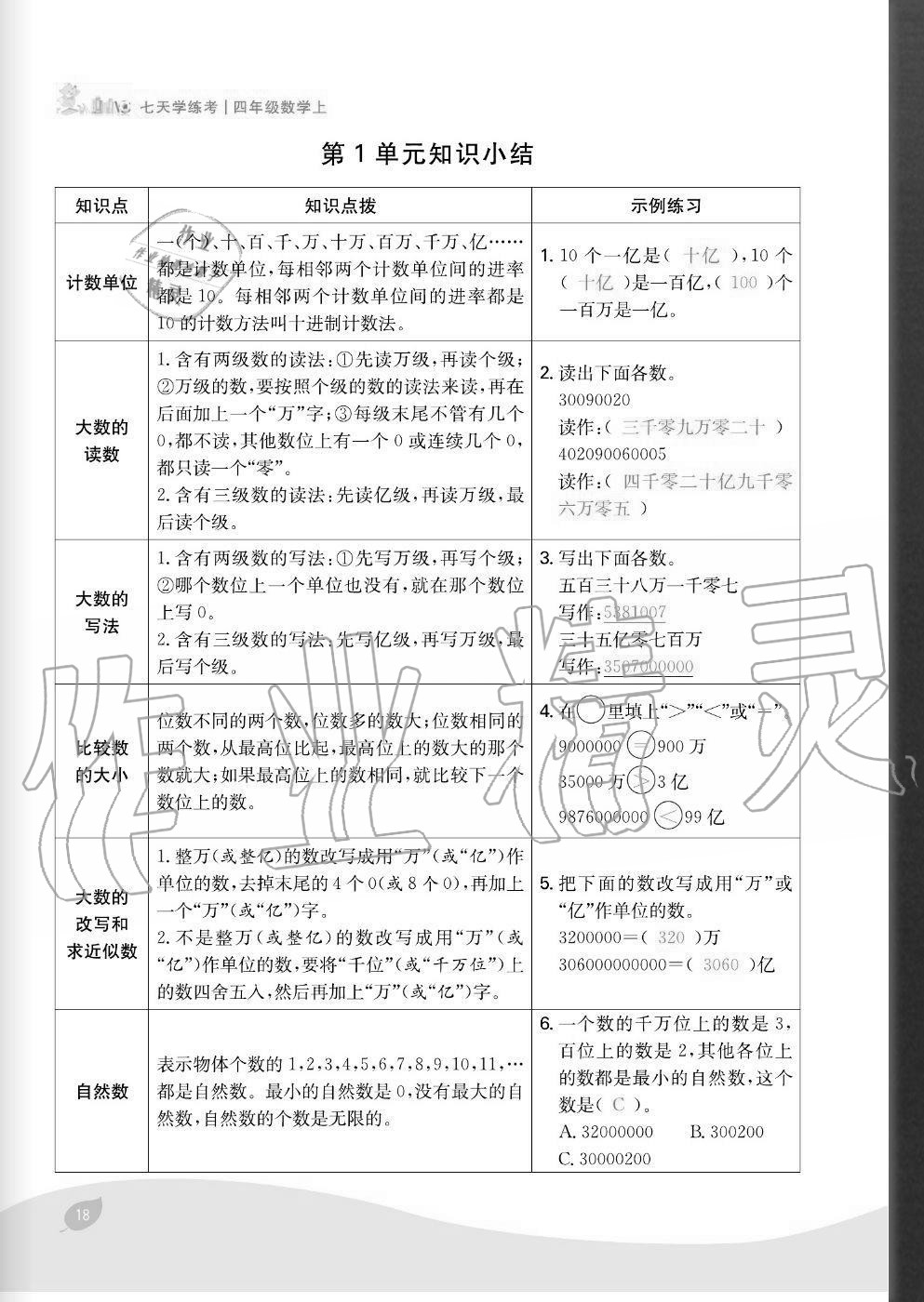 2020年七天學練考四年級數學上冊人教版 參考答案第18頁