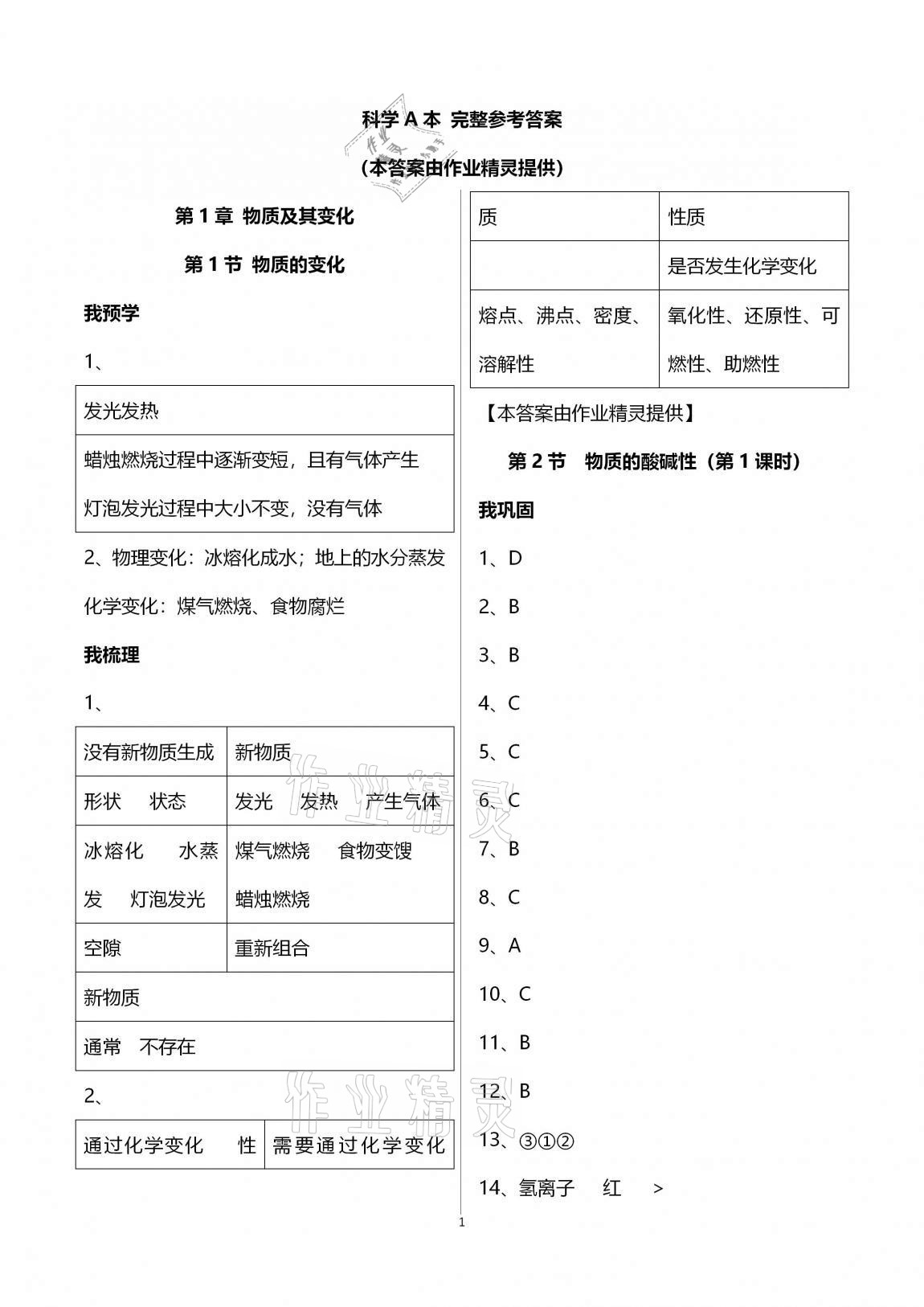 2020年導學新作業(yè)九年級科學上冊浙教版A版 第1頁