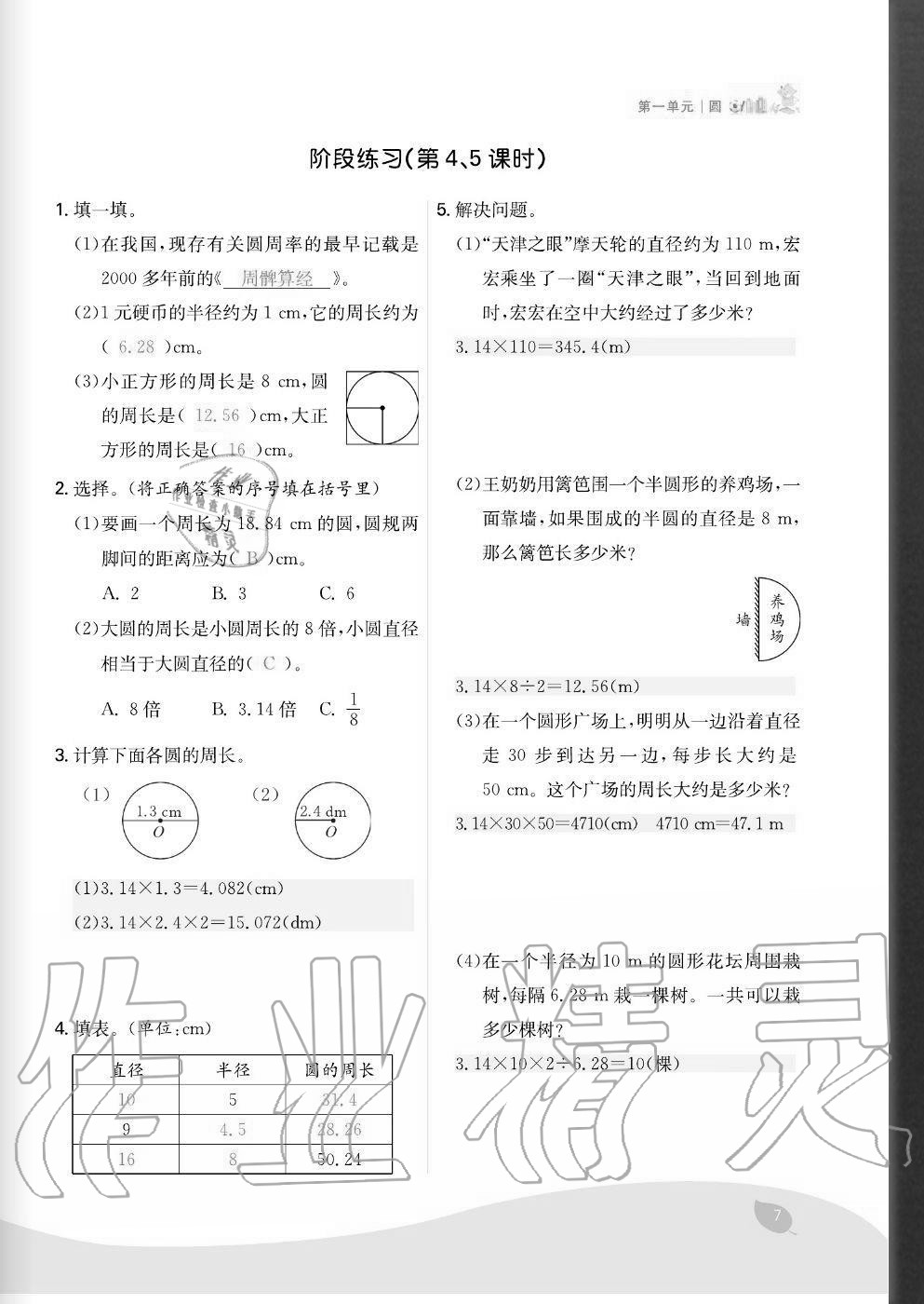 2020年七天學(xué)練考六年級數(shù)學(xué)上冊北師大版 參考答案第7頁