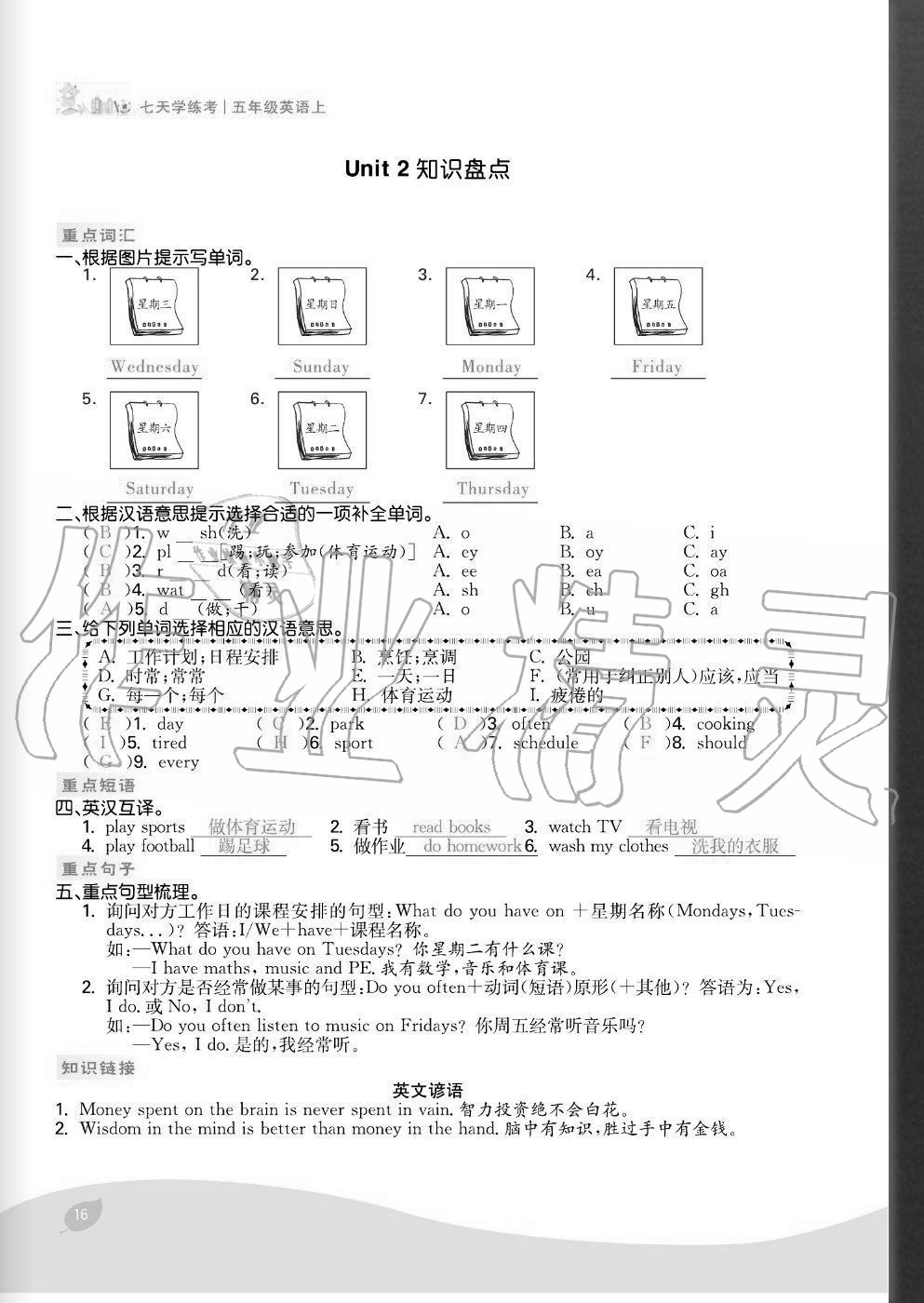 2020年七天學(xué)練考五年級英語上冊人教版 參考答案第16頁