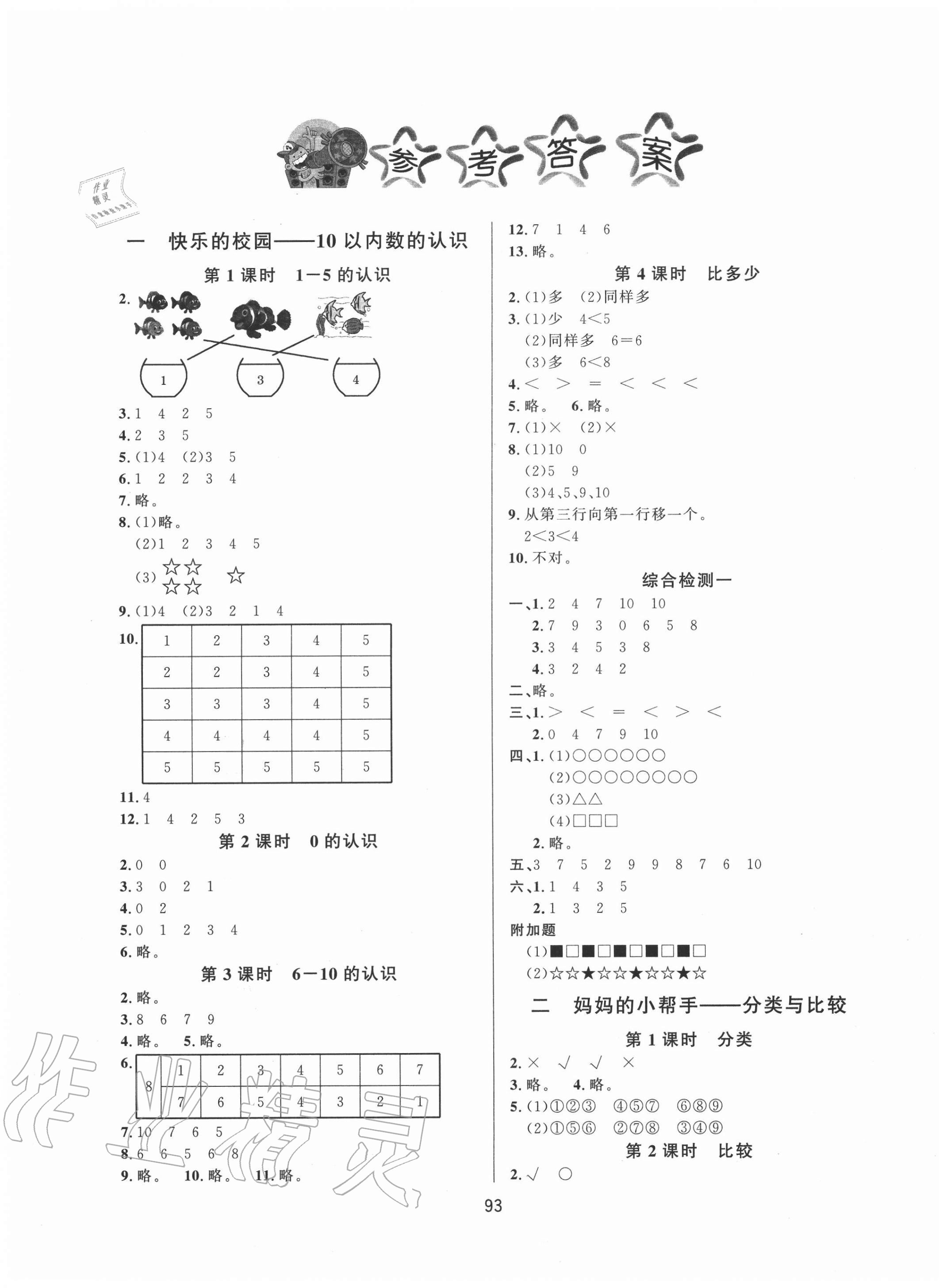 2020年小學(xué)課堂同步訓(xùn)練一年級(jí)數(shù)學(xué)上冊青島版山東文藝出版社 第1頁