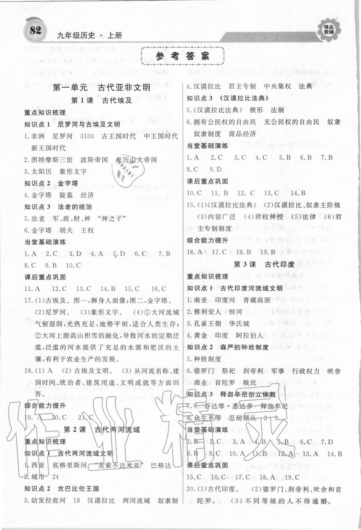 2020年練重點九年級歷史上冊人教版 參考答案第1頁