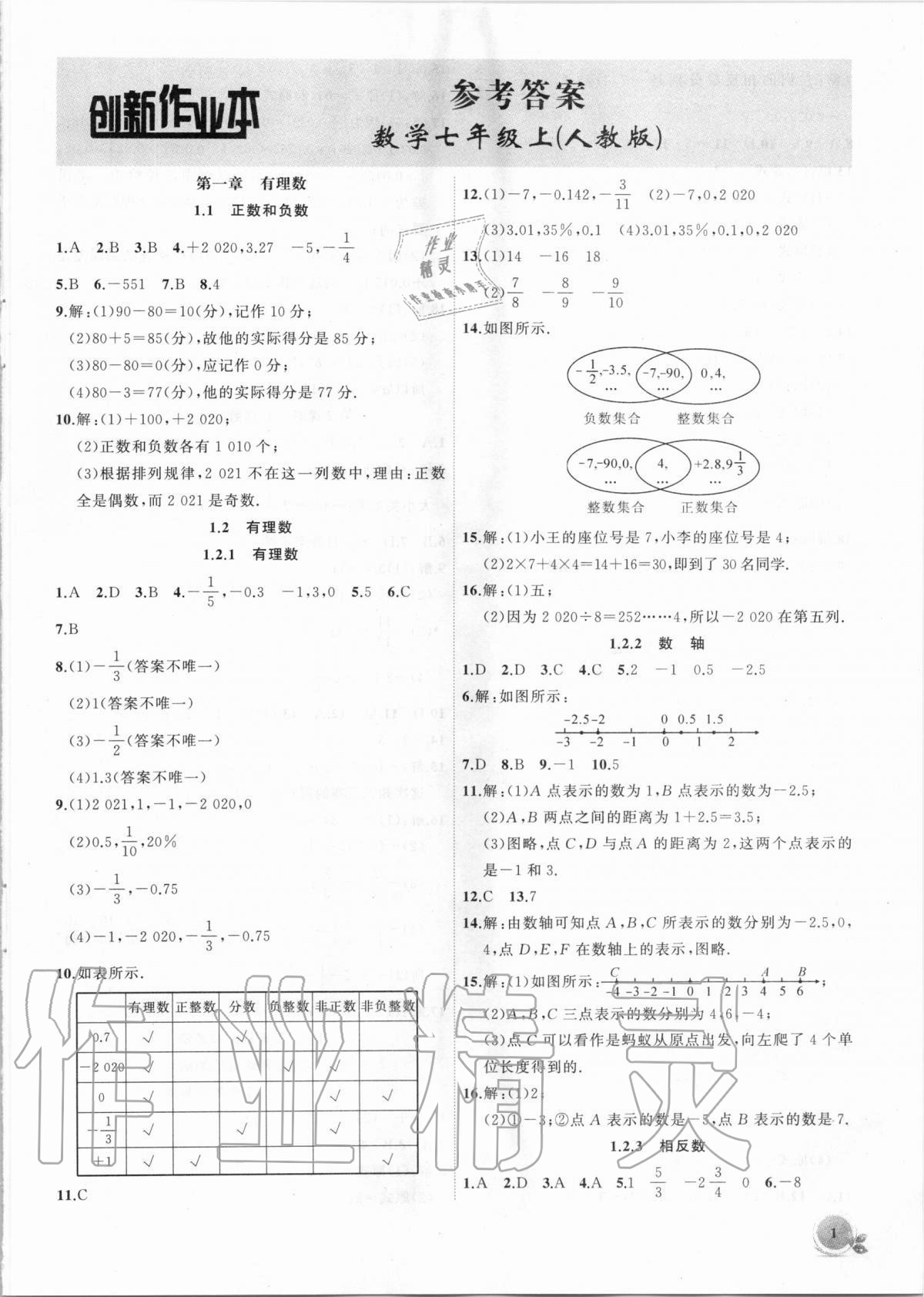 2020年創(chuàng)新課堂創(chuàng)新作業(yè)本七年級數(shù)學(xué)上冊人教版 第1頁